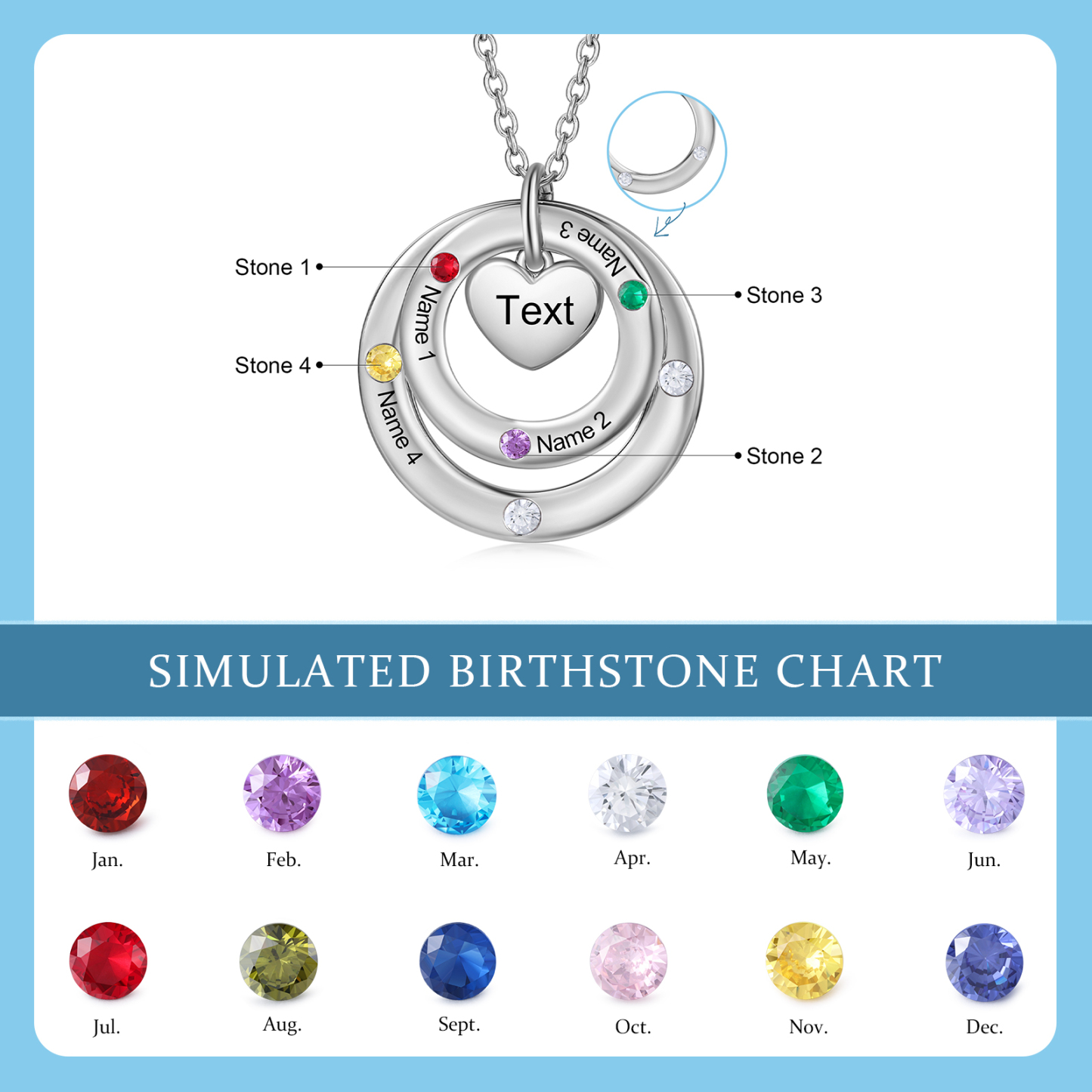 Personalised Women's Birthstone Necklace with 4 Names & 4 Birthstones & 1 Text Design Gift for Her | Jessemade
