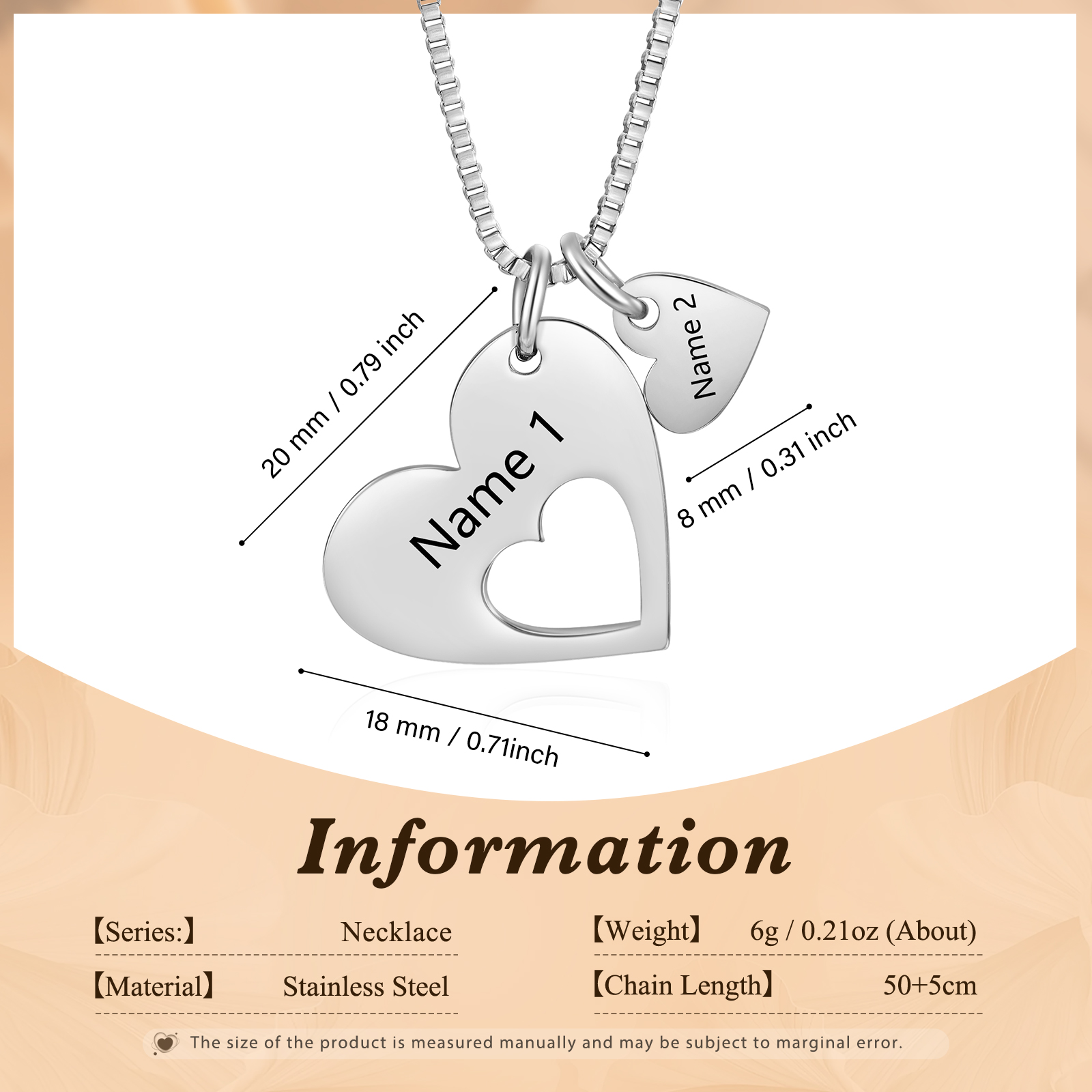 Personalised Heart Charm Necklace – Custom 2 Names Stainless Steel Necklace Gift for Her | Jessemade
