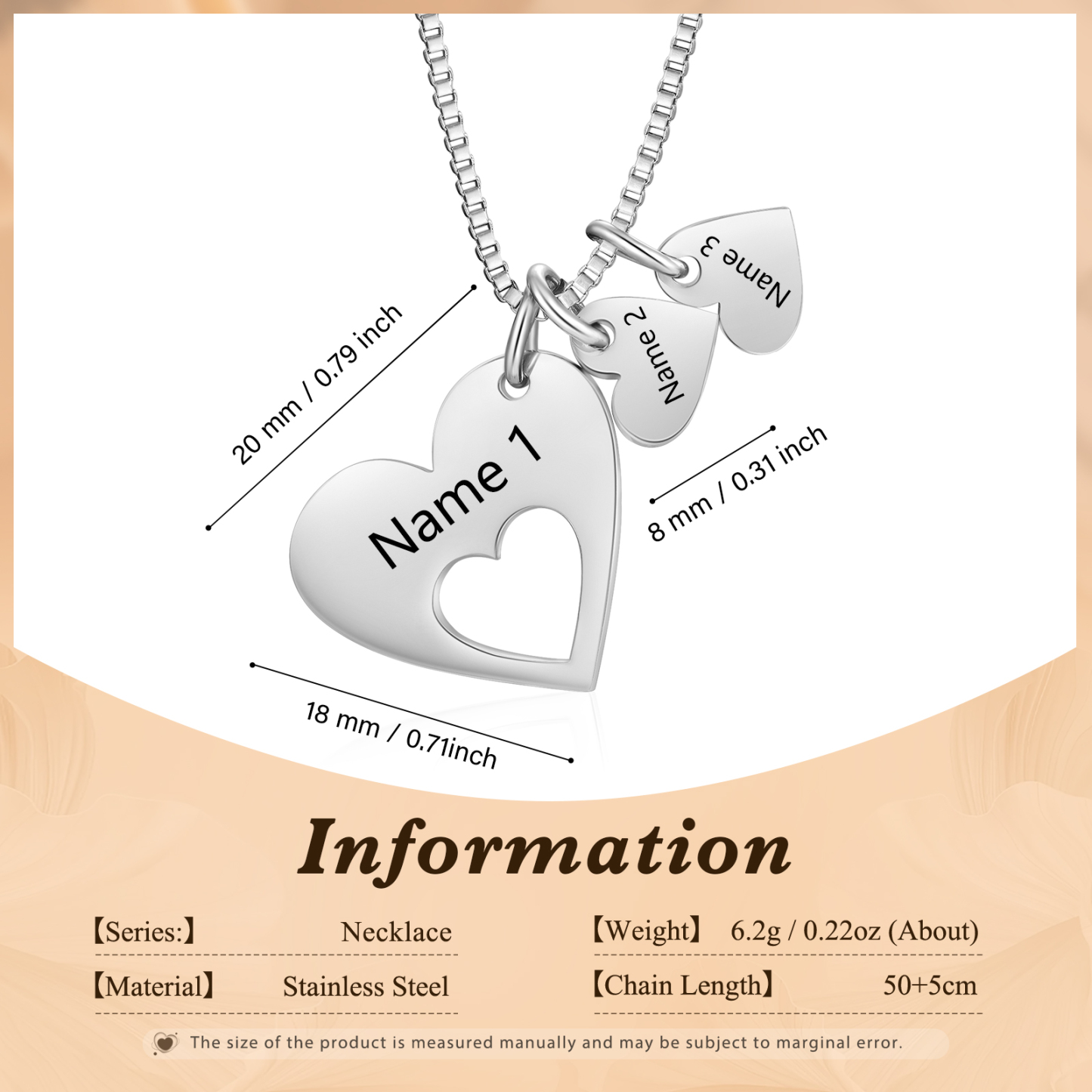 Personalised Heart Charm Necklace – Custom 3 Names Stainless Steel Necklace Gift for Her | Jessemade