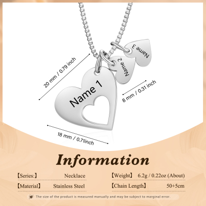 Personalised Heart Charm Necklace – Custom 3 Names Stainless Steel Necklace Gift for Her | Jessemade