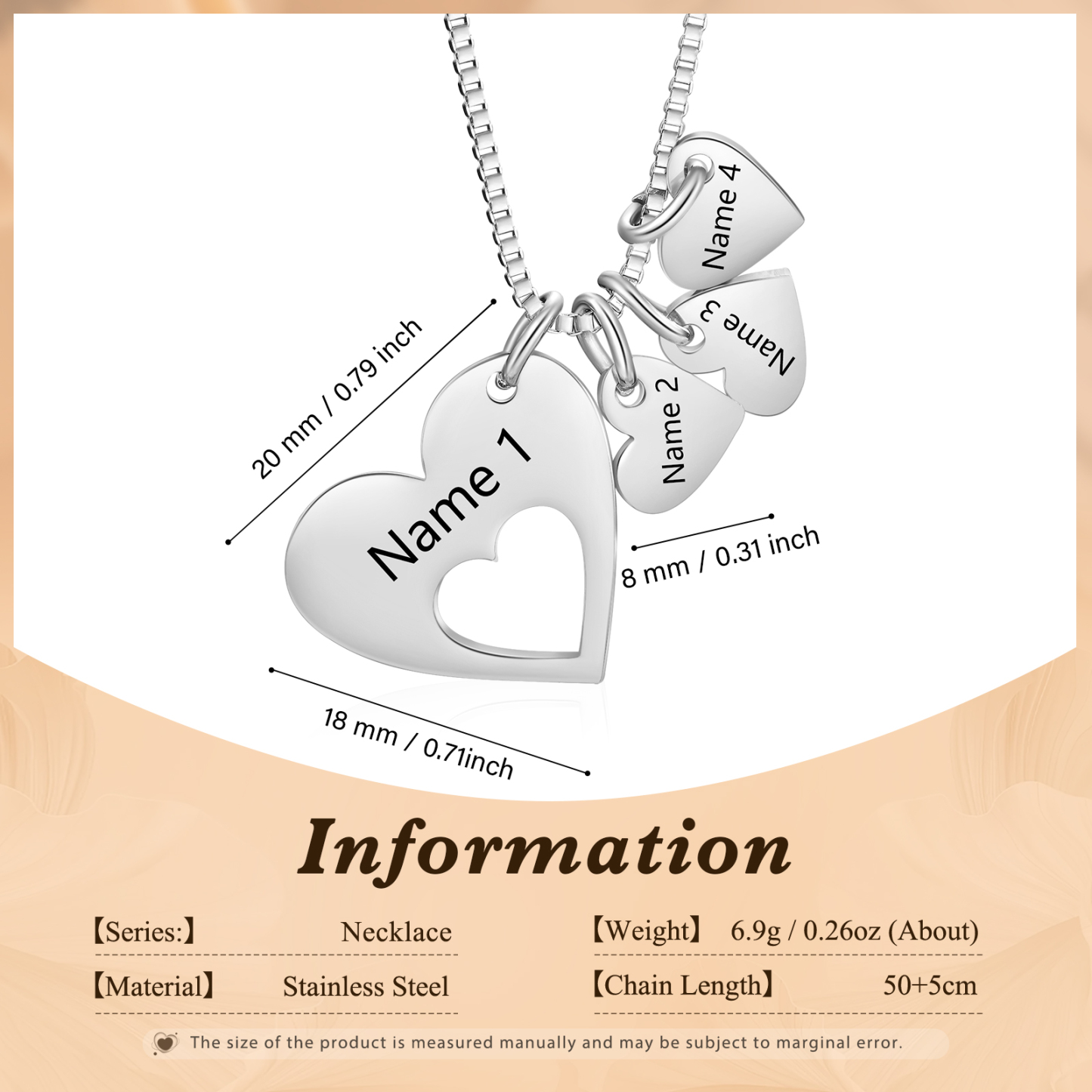 Personalised Heart Charm Necklace – Custom 4 Names Stainless Steel Necklace Gift for Her | Jessemade