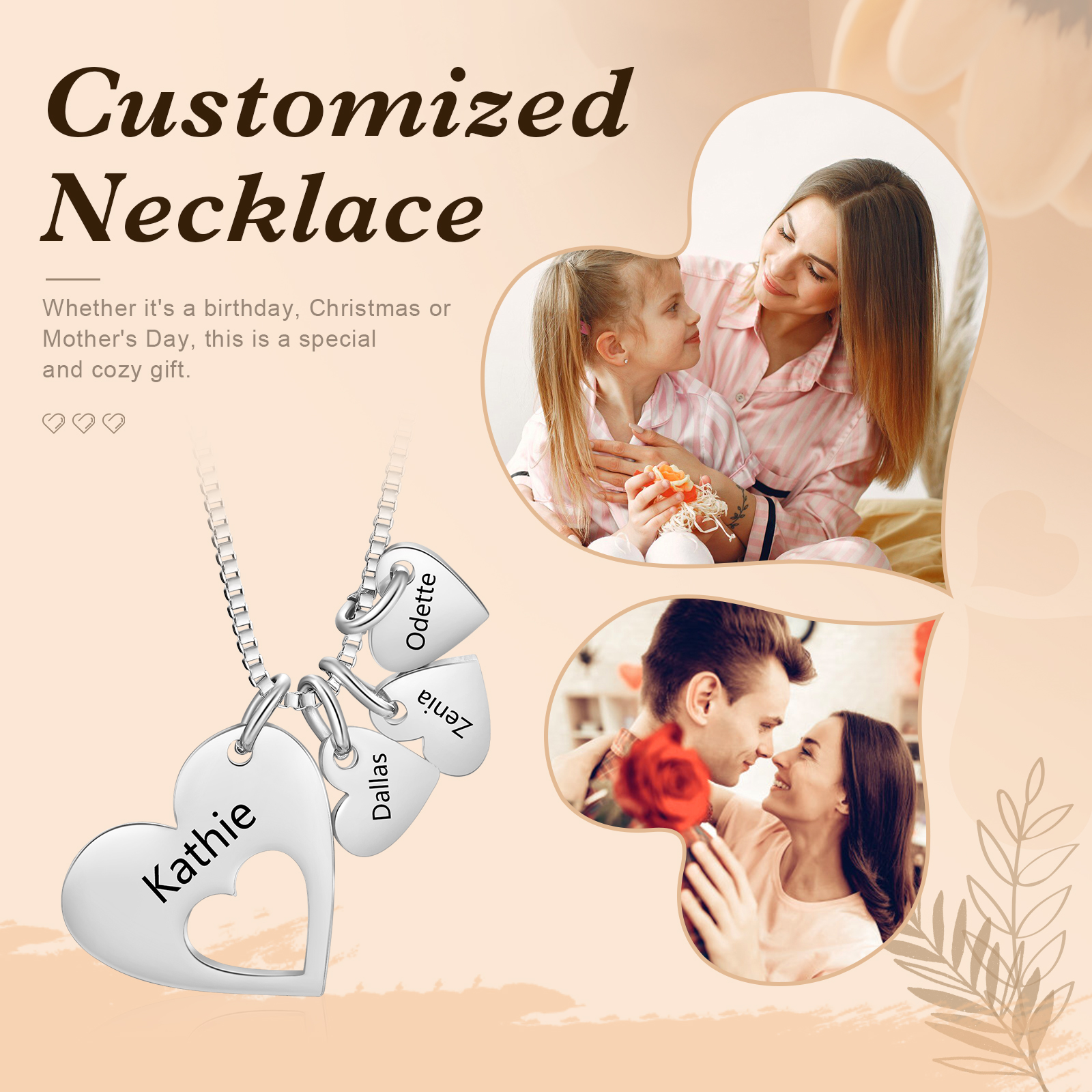 Personalised Heart Charm Necklace – Custom 4 Names Stainless Steel Necklace Gift for Her | Jessemade