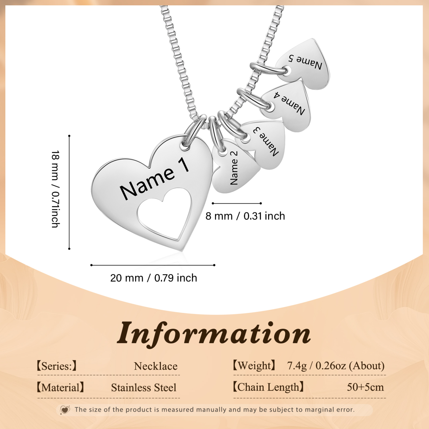 Personalised Heart Charm Necklace – Custom 5 Names Stainless Steel Necklace Gift for Her | Jessemade