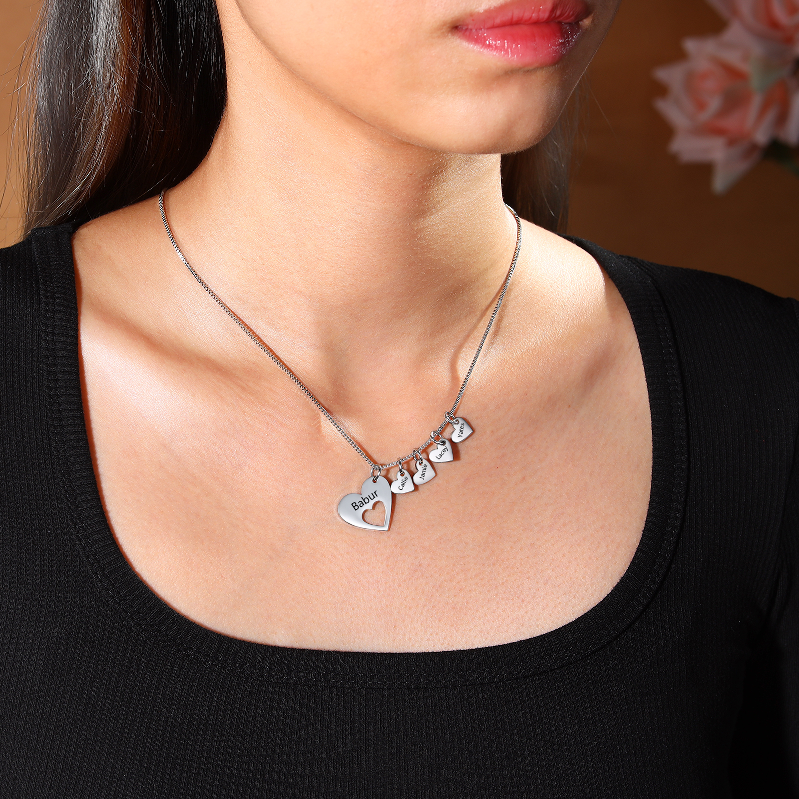Personalised Heart Charm Necklace – Custom 5 Names Stainless Steel Necklace Gift for Her | Jessemade