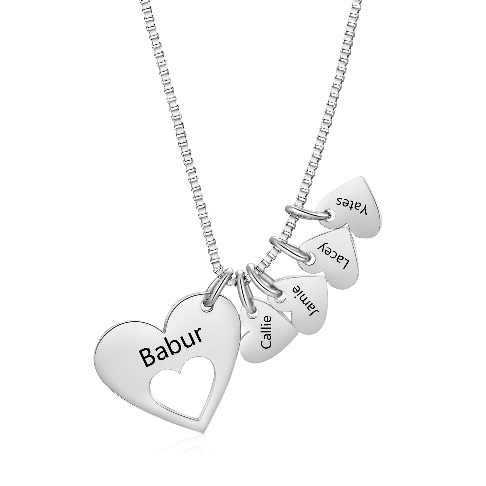 Personalised Heart Charm Necklace – Custom 5 Names Stainless Steel Necklace Gift for Her | Jessemade
