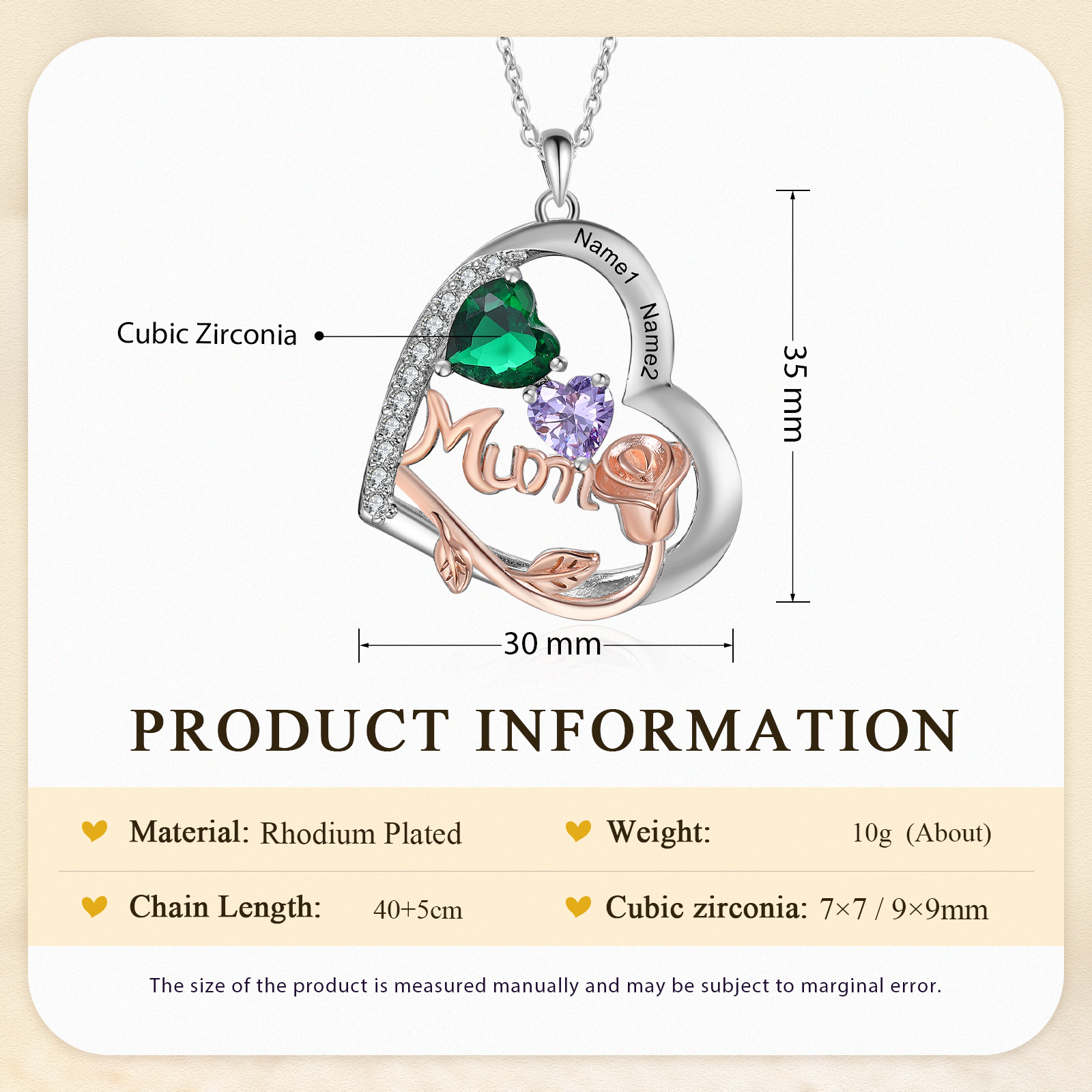 Personalised Women's Birthstone Necklace with 2 Names & 2 Birthstones, Heart Pendant Design Gift for Her | Jessemade