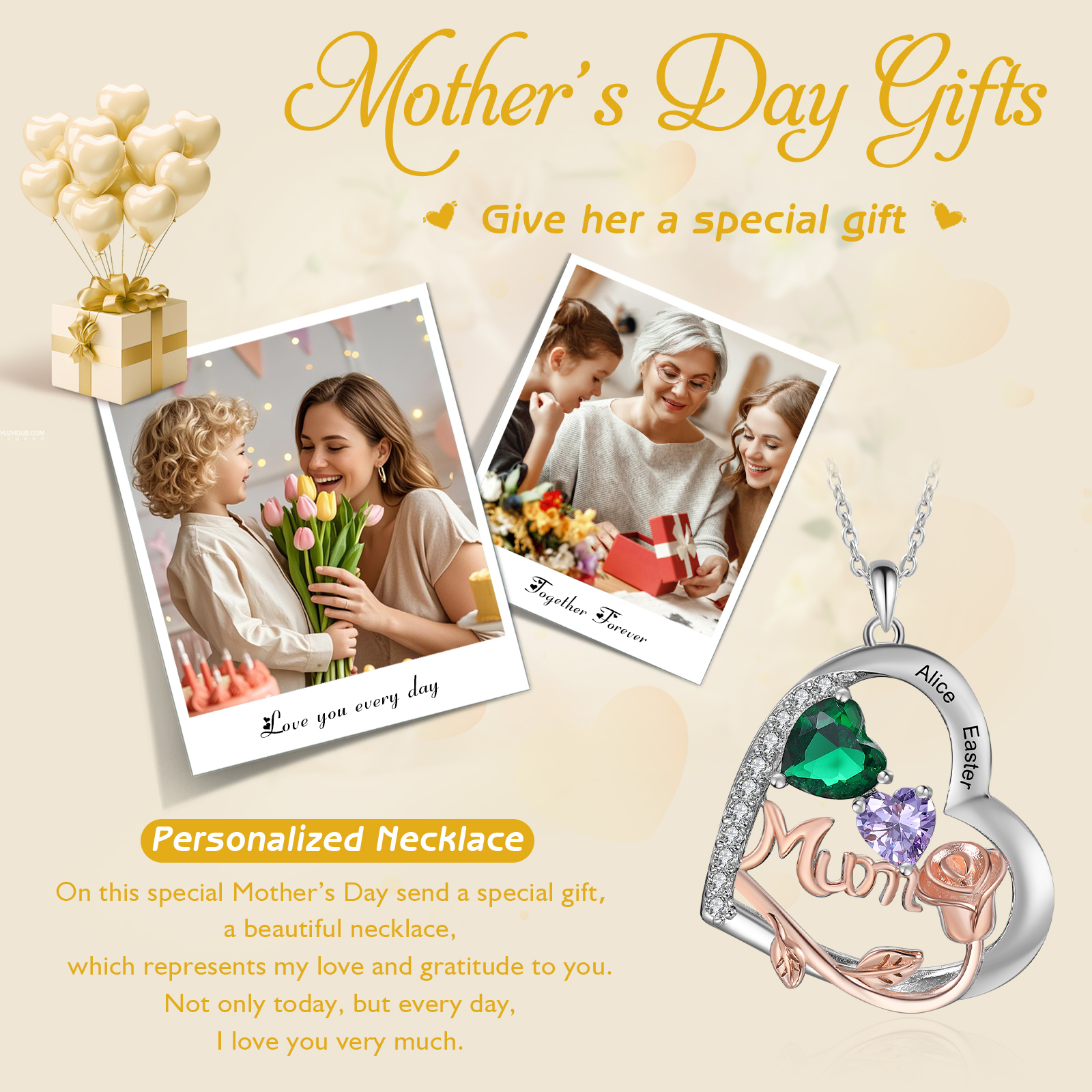 Personalised Women's Birthstone Necklace with 2 Names & 2 Birthstones, Heart Pendant Design Gift for Her | Jessemade