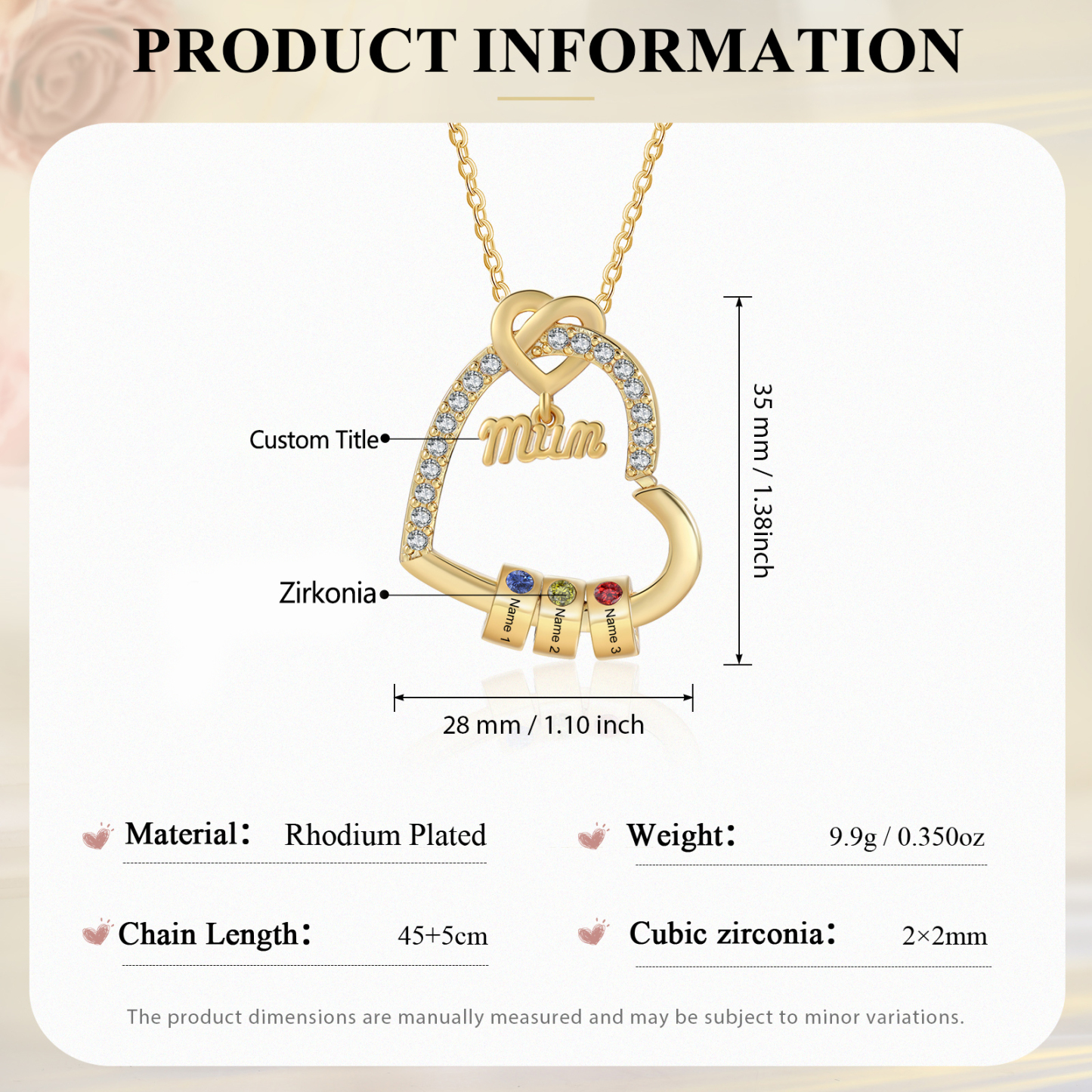 Personalised Birthstone Heart Necklace - Custom Title & 3 Names & 3 Birthstones Gift | Jessemade