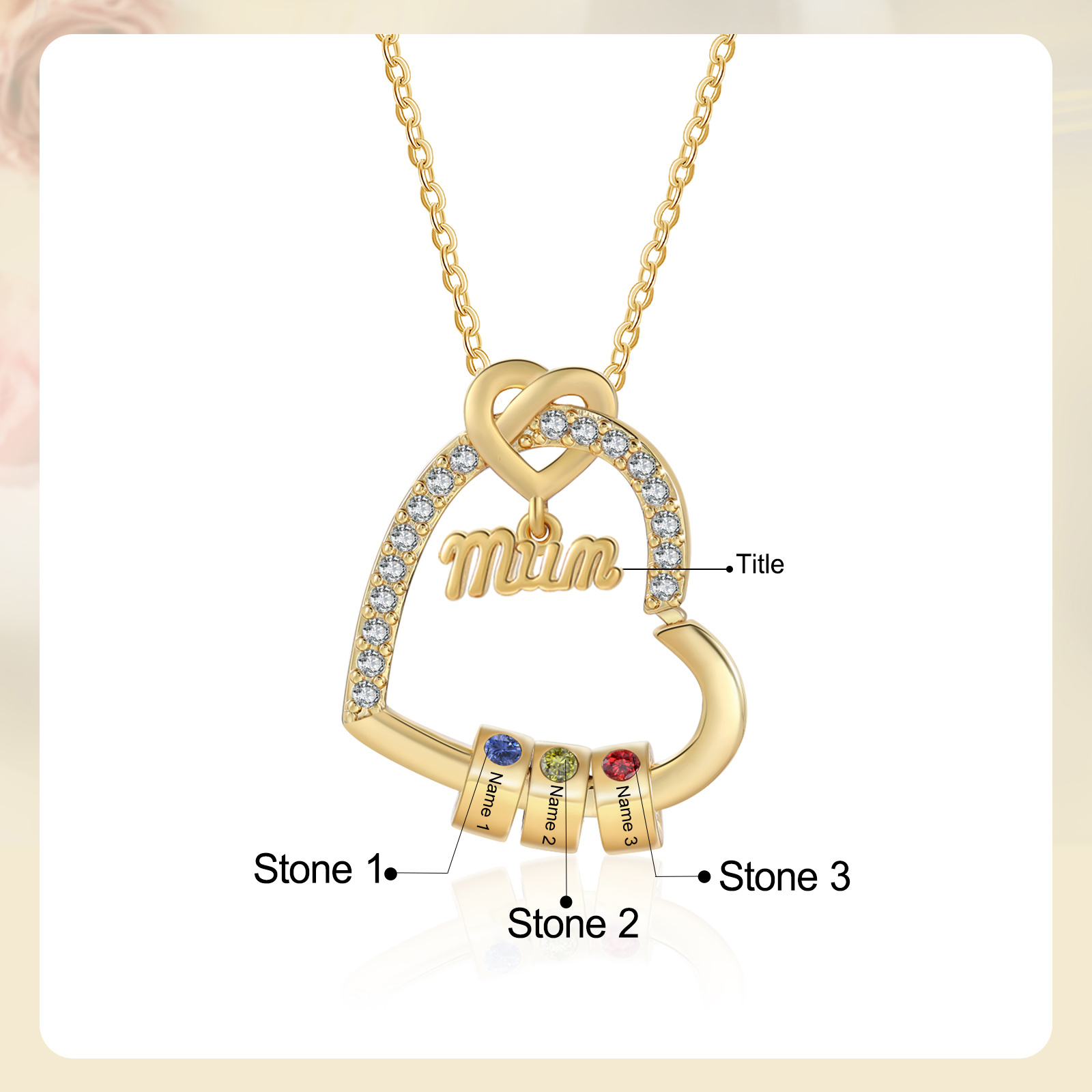 Personalised Birthstone Heart Necklace - Custom Title & 3 Names & 3 Birthstones Gift | Jessemade