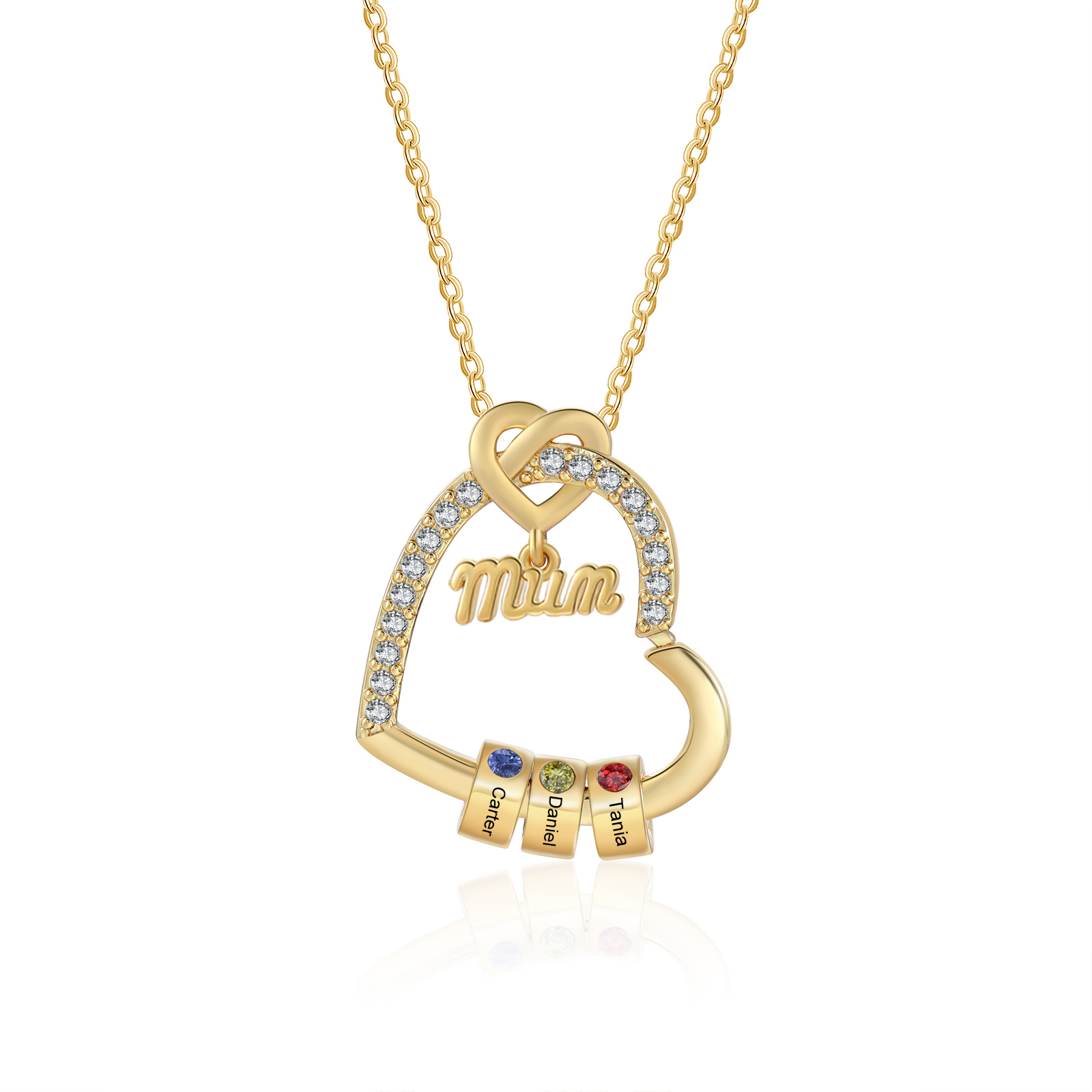 Personalised Birthstone Heart Necklace - Custom Title & 3 Names & 3 Birthstones Gift | Jessemade