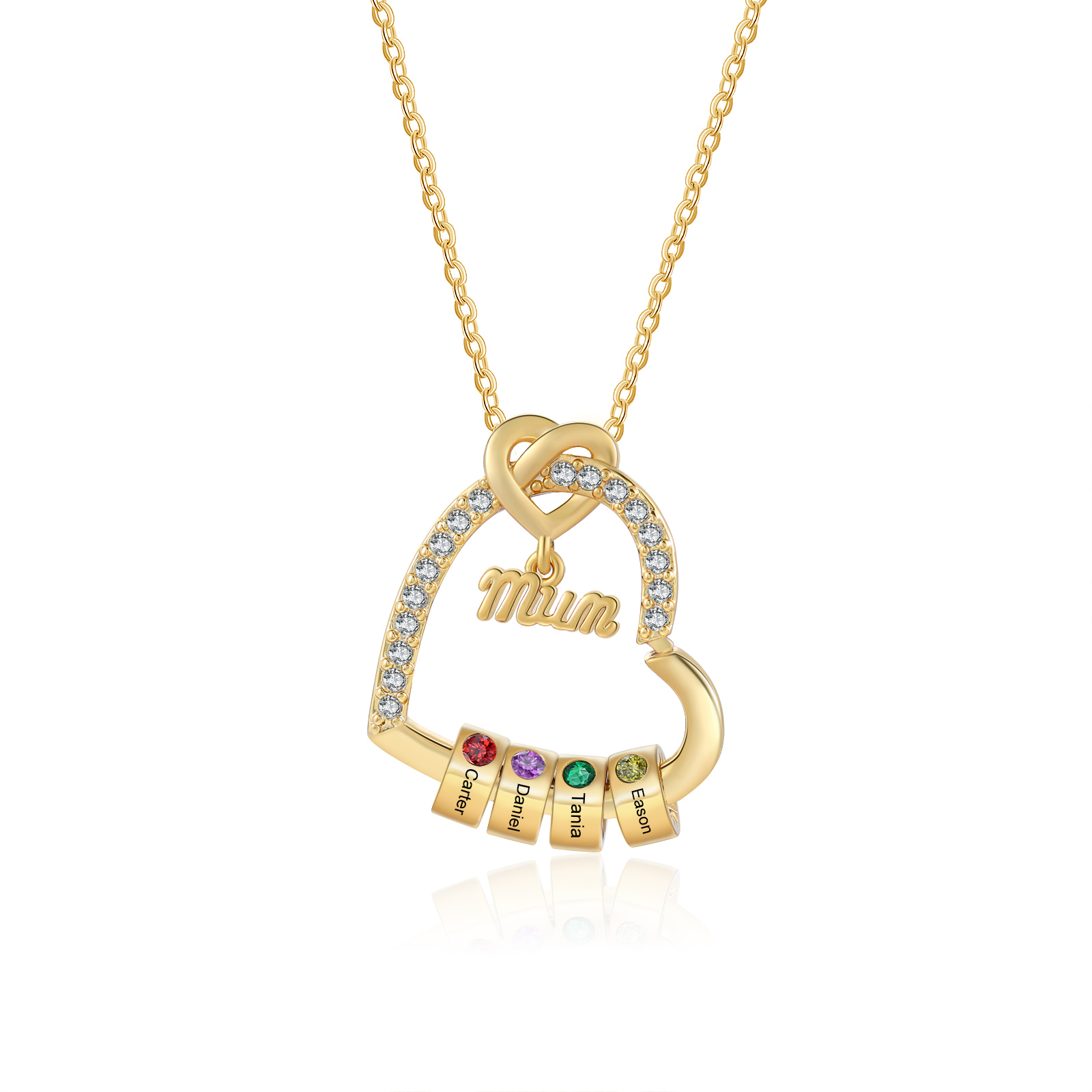 Personalised Birthstone Heart Necklace - Custom Title & 4 Names & 4 Birthstones Gift | Jessemade