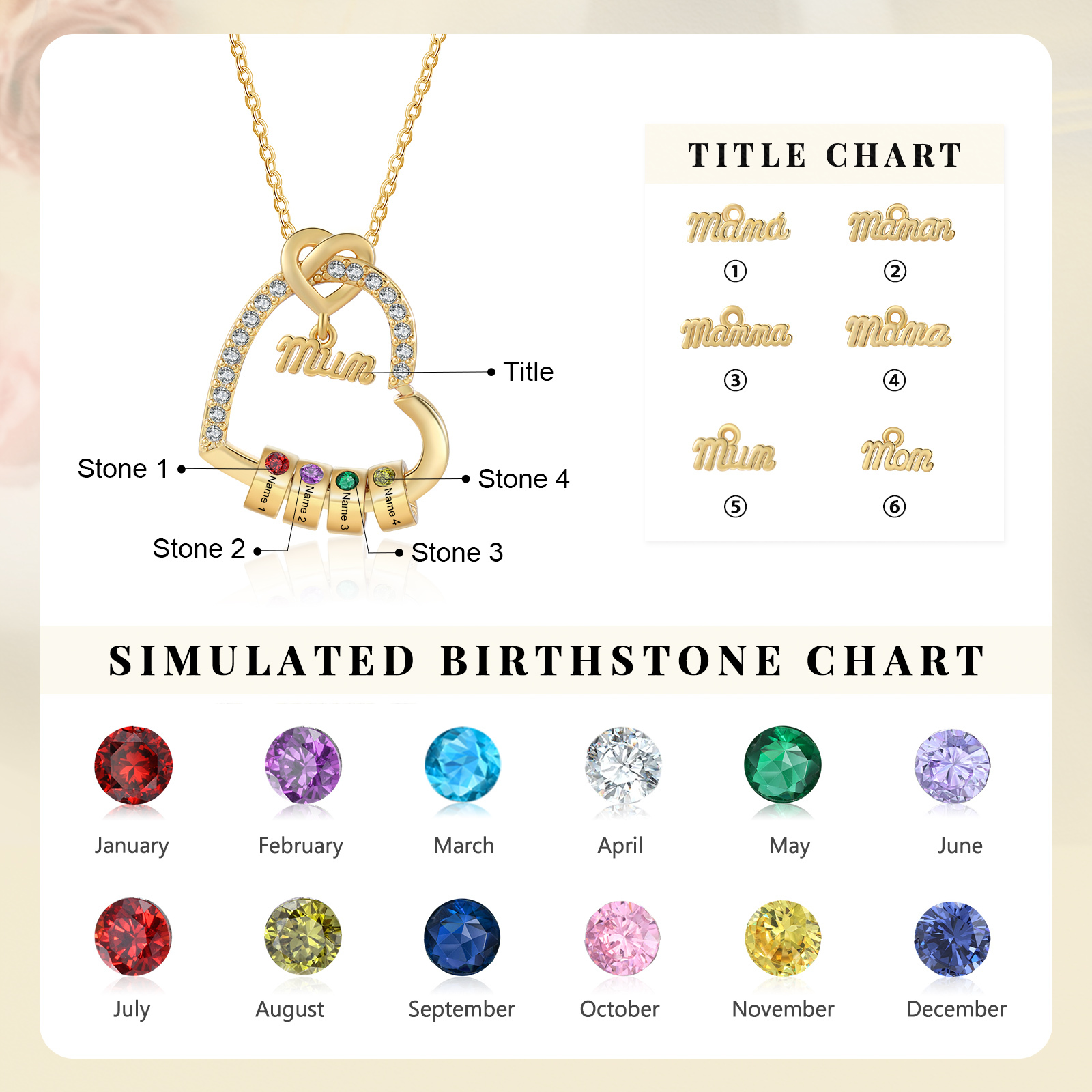 Personalised Birthstone Heart Necklace - Custom Title & 3 Names & 3 Birthstones Gift | Jessemade