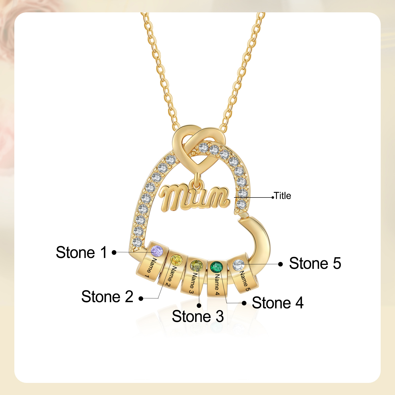 Personalised Birthstone Heart Necklace - Custom Title & 5 Names & 5 Birthstones Gift | Jessemade