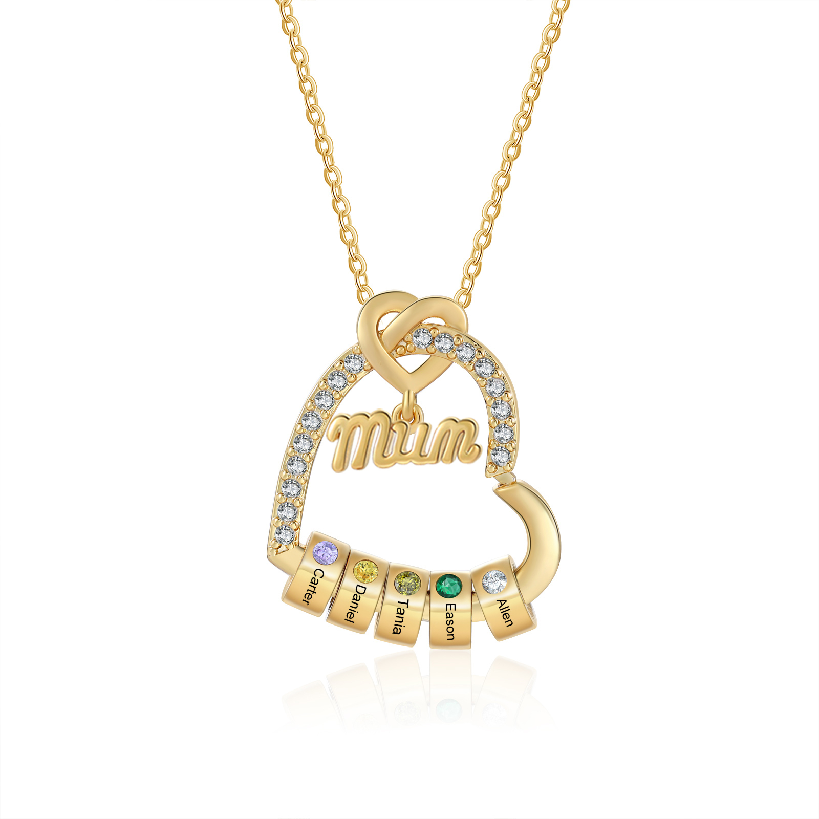 Personalised Birthstone Heart Necklace - Custom Title & 3 Names & 3 Birthstones Gift | Jessemade