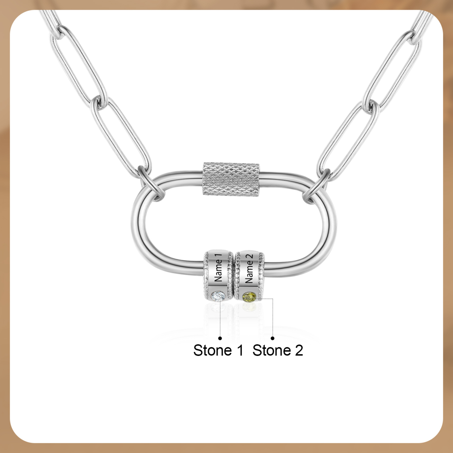 2 Names Personalised Birthstone Name Necklace – Custom Stainless Steel Chain with 2 Engraved Beads, Gold or Silver | Jessemade