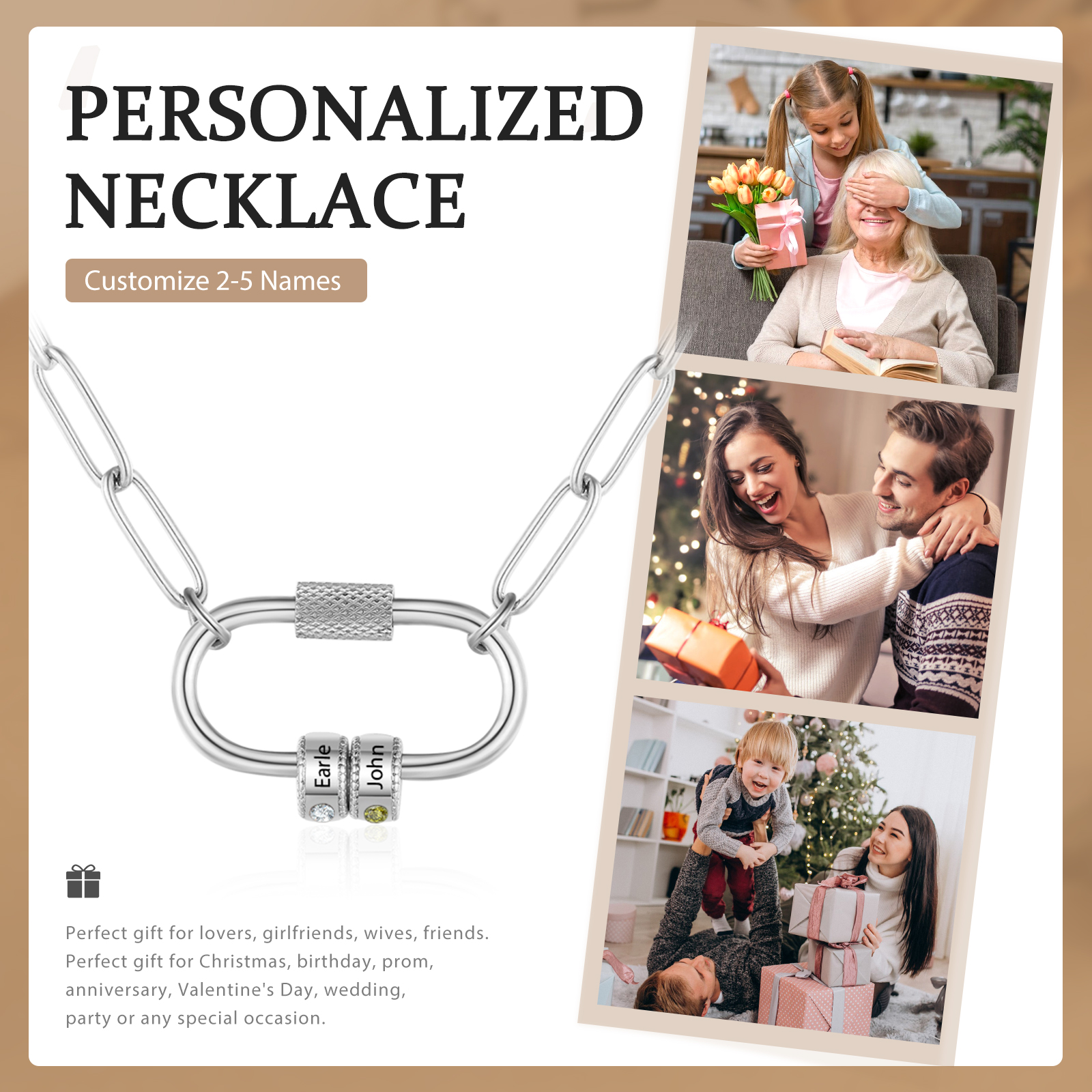 2 Names Personalised Birthstone Name Necklace – Custom Stainless Steel Chain with 2 Engraved Beads, Gold or Silver | Jessemade