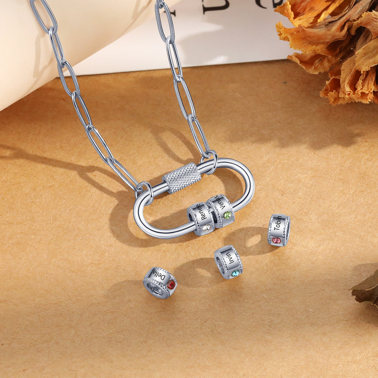 2 Names Personalised Birthstone Name Necklace – Custom Stainless Steel Chain with 2 Engraved Beads, Gold or Silver | Jessemade