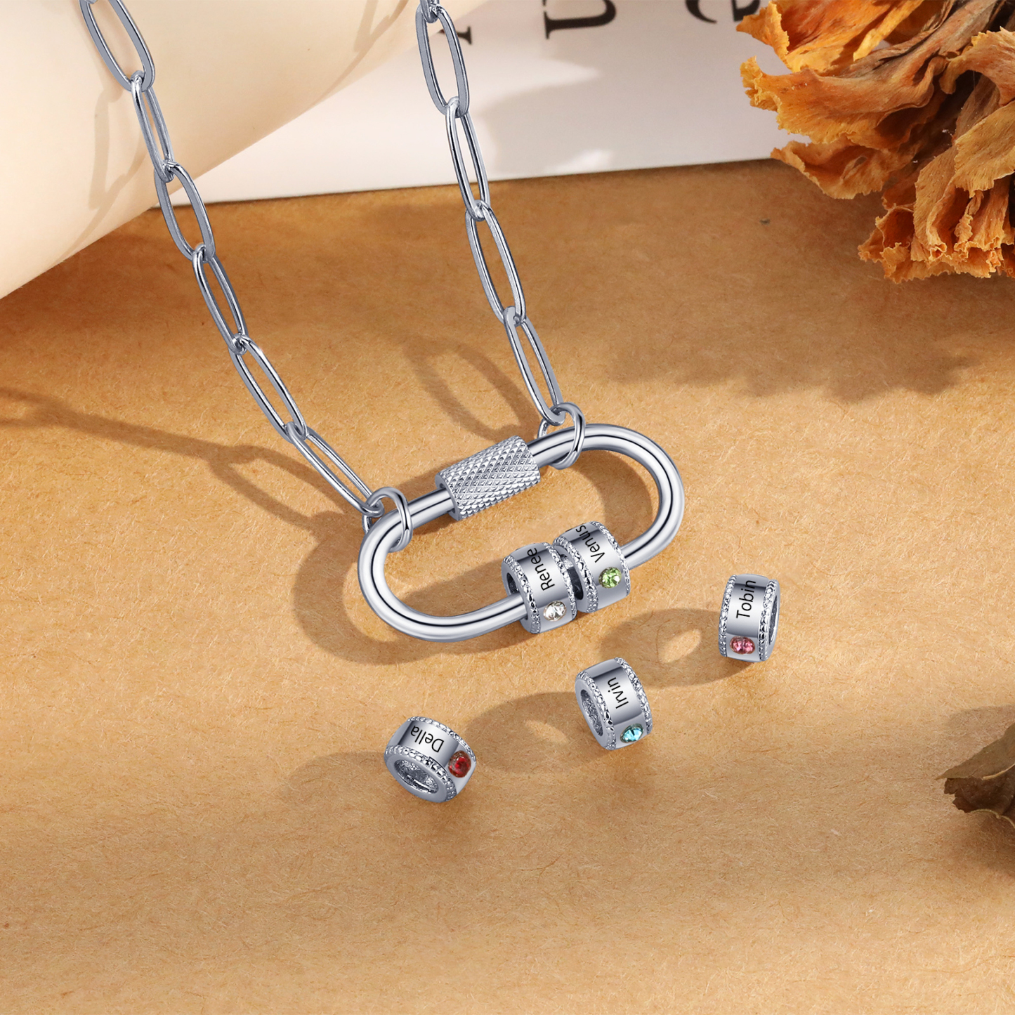 2 Names Personalised Birthstone Name Necklace – Custom Stainless Steel Chain with 2 Engraved Beads, Gold or Silver | Jessemade