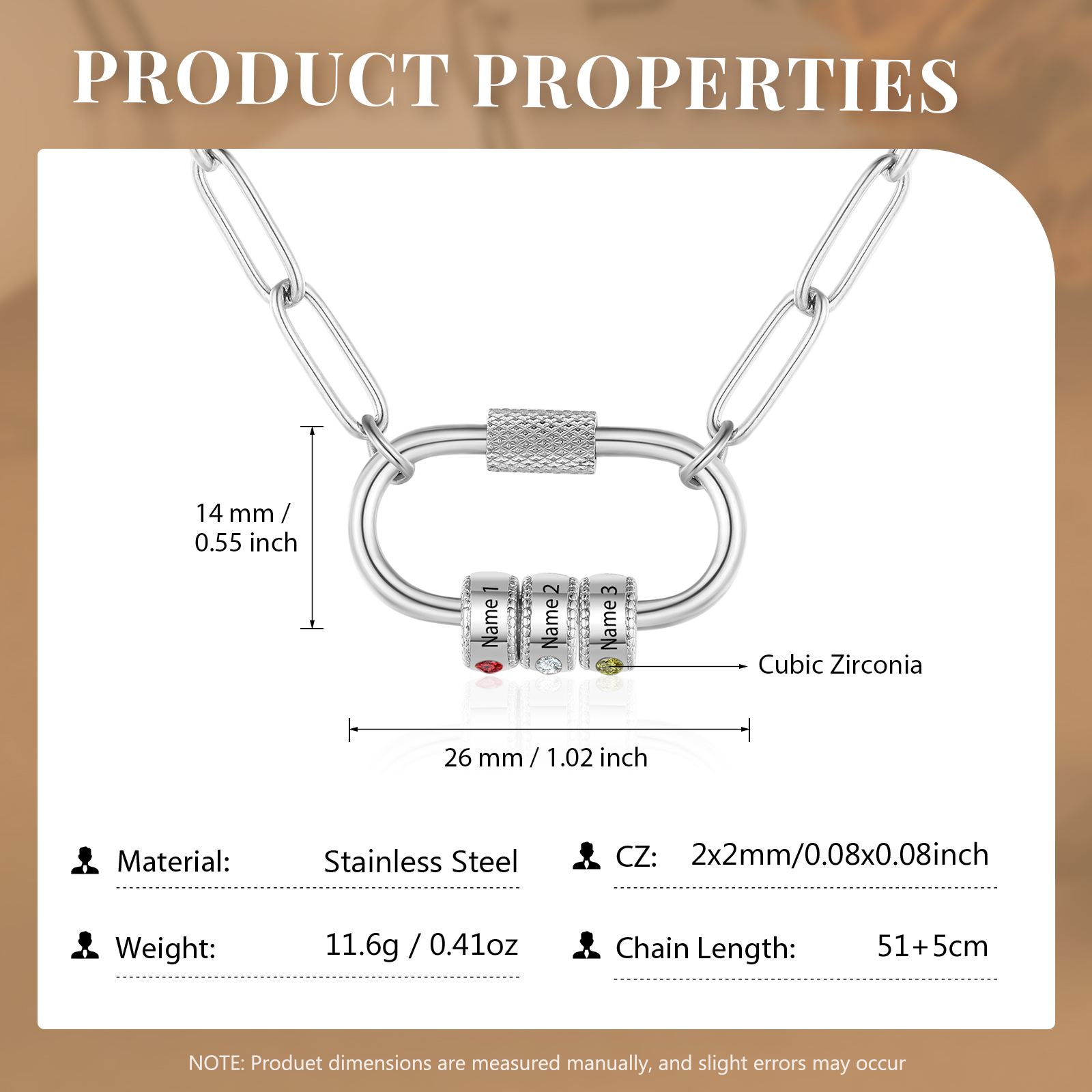 3 Names Personalised Birthstone Name Necklace – Custom Stainless Steel Chain with 3 Engraved Beads, Gold or Silver | Jessemade