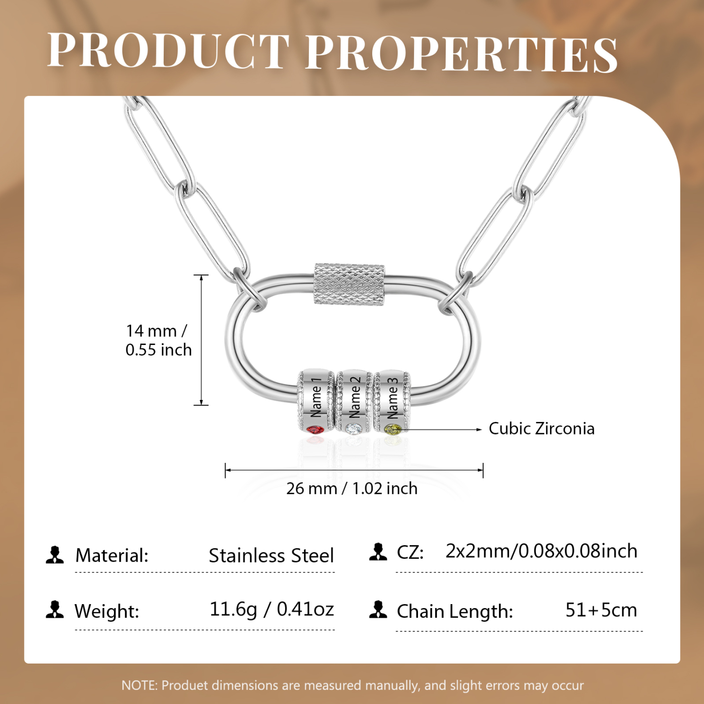 3 Names Personalised Birthstone Name Necklace – Custom Stainless Steel Chain with 3 Engraved Beads, Gold or Silver | Jessemade