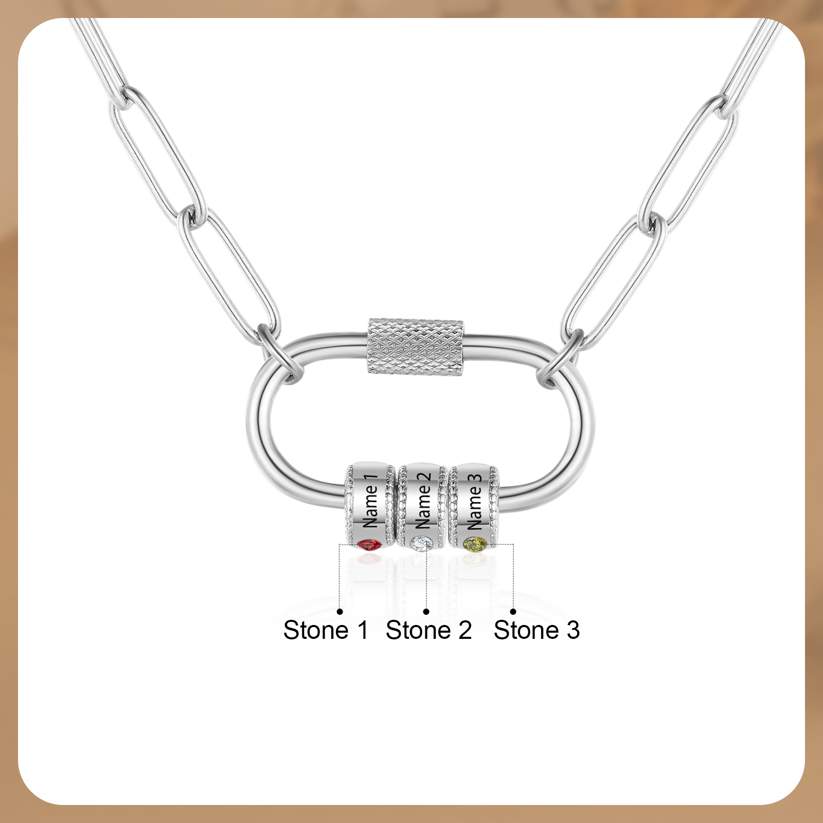 3 Names Personalised Birthstone Name Necklace – Custom Stainless Steel Chain with 3 Engraved Beads, Gold or Silver | Jessemade