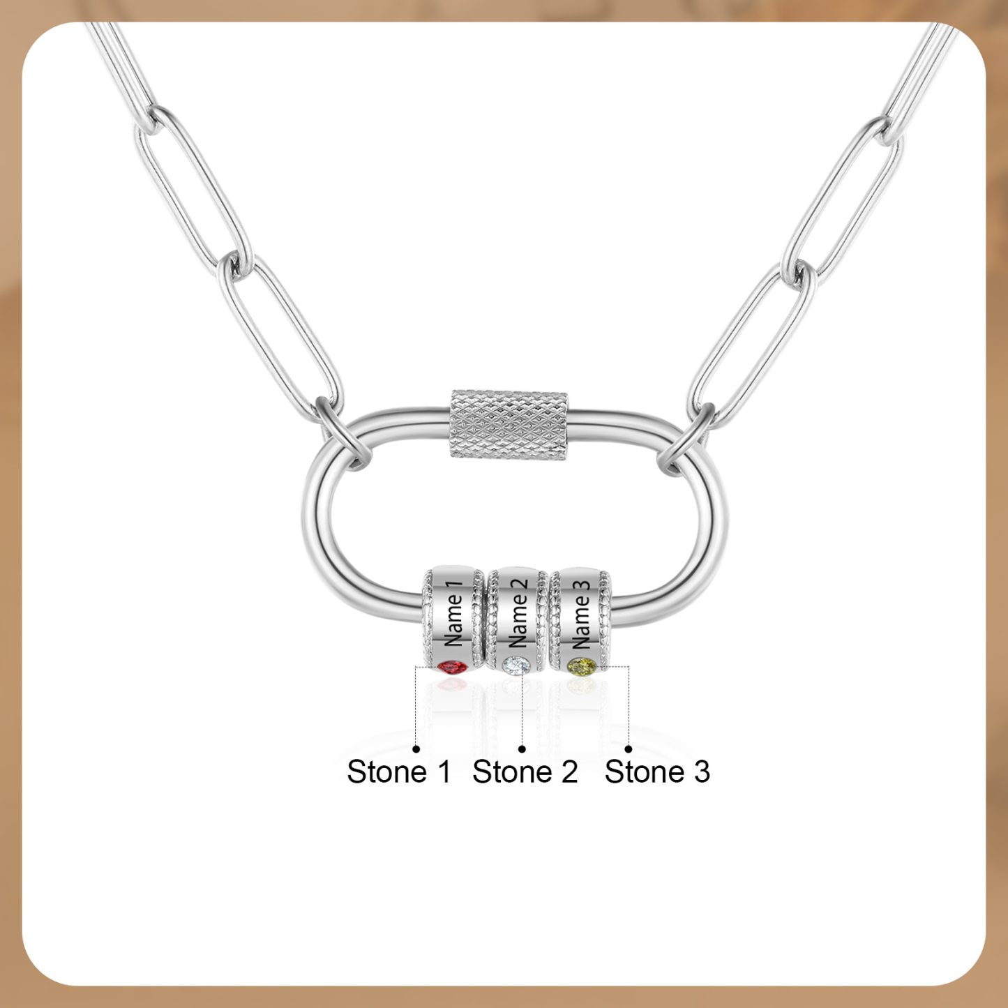 3 Names Personalised Birthstone Name Necklace – Custom Stainless Steel Chain with 3 Engraved Beads, Gold or Silver | Jessemade