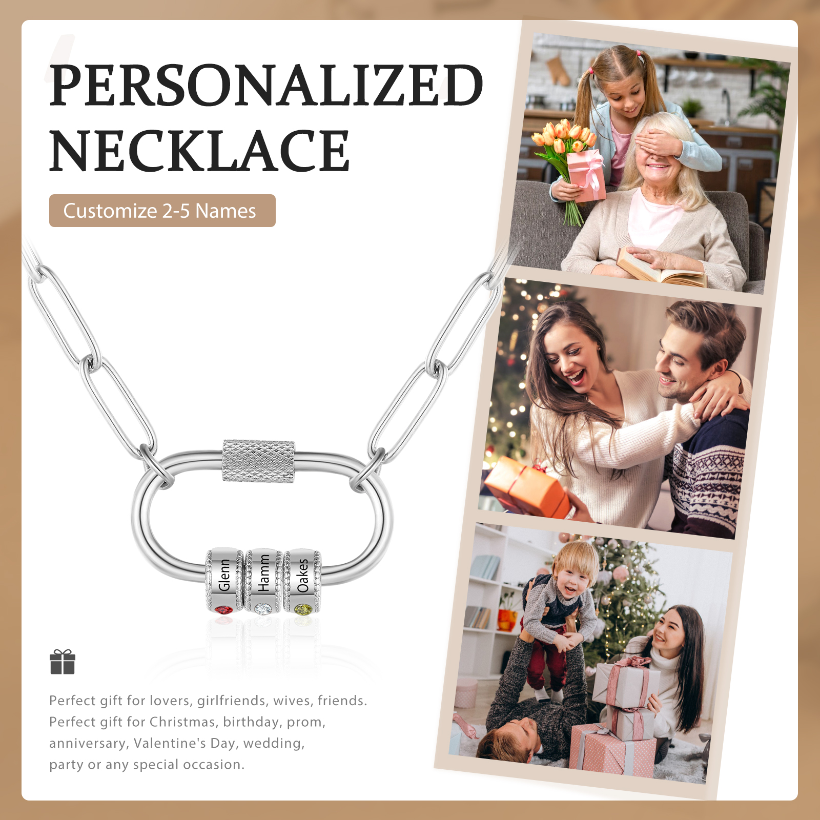 3 Names Personalised Birthstone Name Necklace – Custom Stainless Steel Chain with 3 Engraved Beads, Gold or Silver | Jessemade