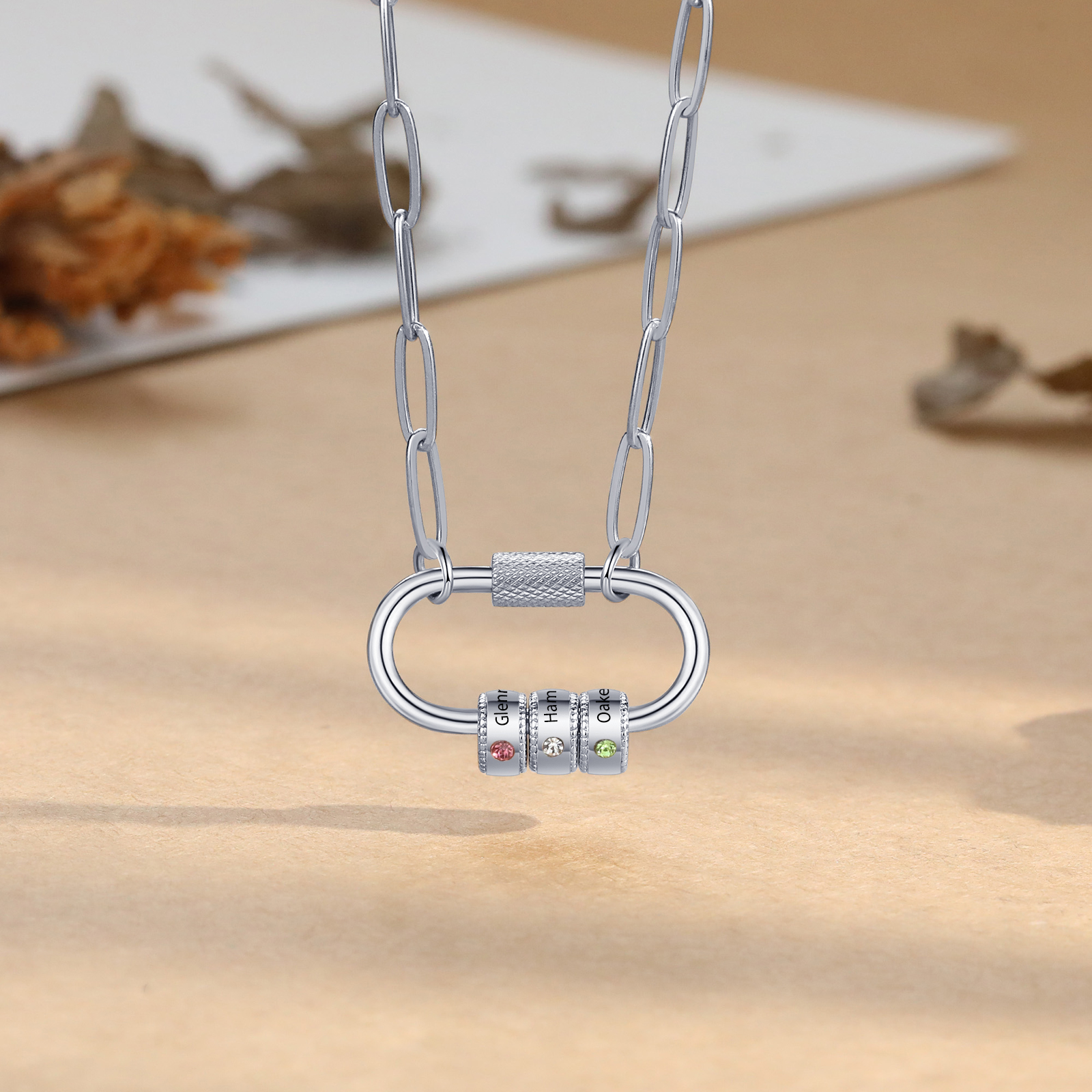 3 Names Personalised Birthstone Name Necklace – Custom Stainless Steel Chain with 3 Engraved Beads, Gold or Silver | Jessemade