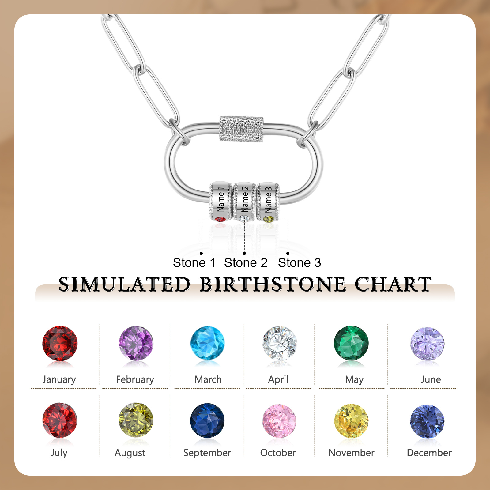 3 Names Personalised Birthstone Name Necklace – Custom Stainless Steel Chain with 3 Engraved Beads, Gold or Silver | Jessemade