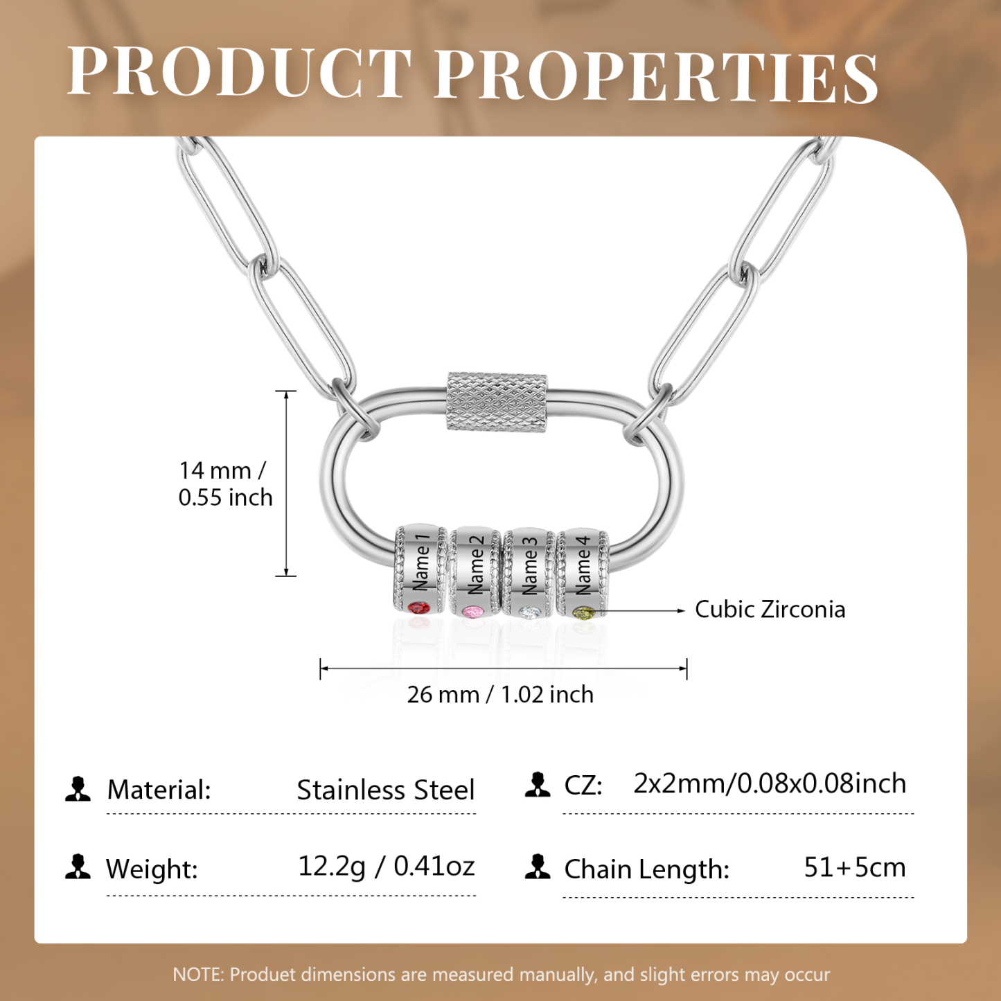 4 Names Personalised Birthstone Name Necklace – Custom Stainless Steel Chain with 4 Engraved Beads, Gold or Silver | Jessemade