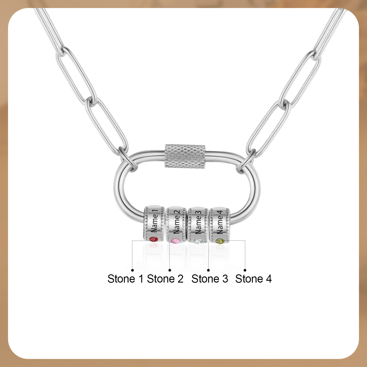 4 Names Personalised Birthstone Name Necklace – Custom Stainless Steel Chain with 4 Engraved Beads, Gold or Silver | Jessemade