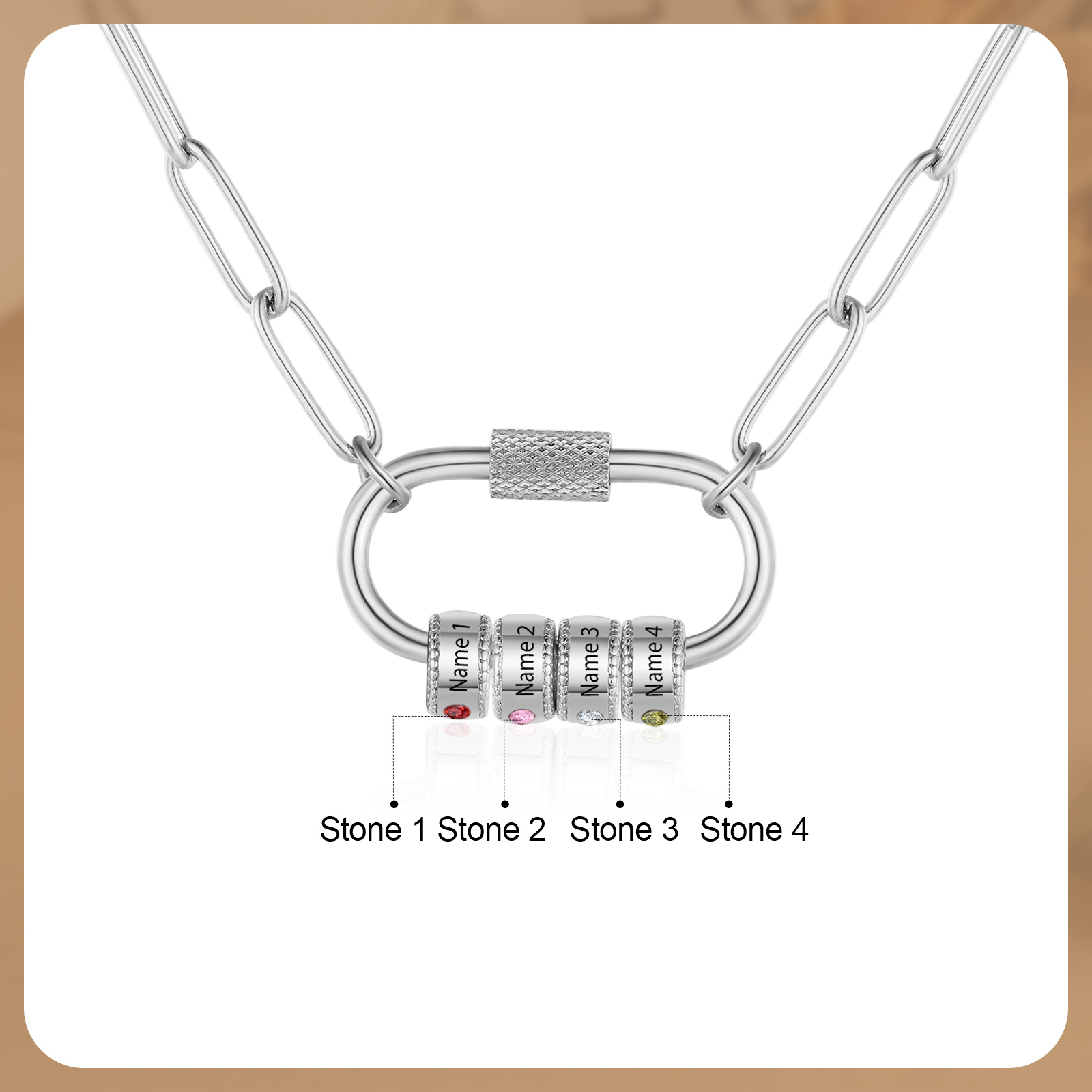 4 Names Personalised Birthstone Name Necklace – Custom Stainless Steel Chain with 4 Engraved Beads, Gold or Silver | Jessemade