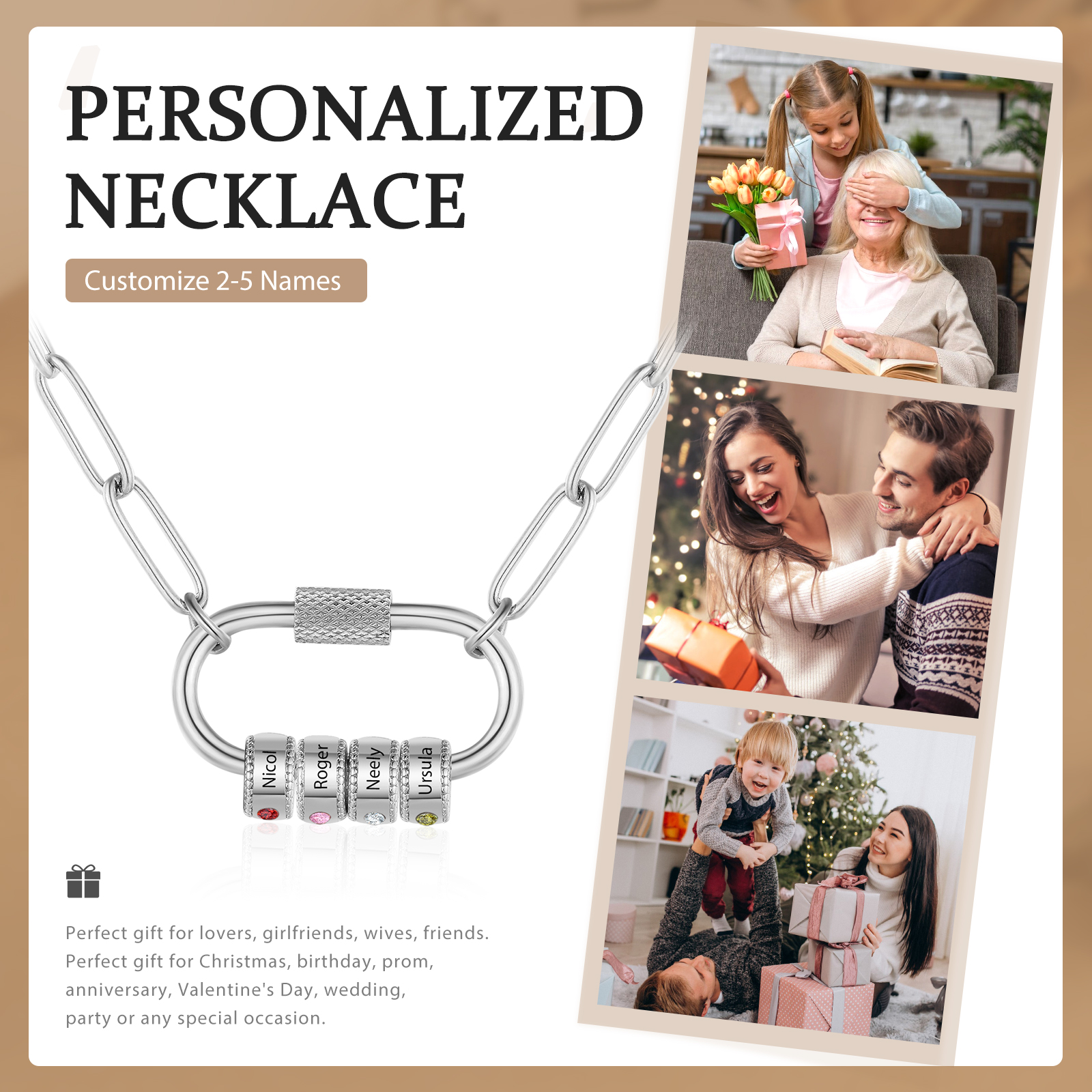 4 Names Personalised Birthstone Name Necklace – Custom Stainless Steel Chain with 4 Engraved Beads, Gold or Silver | Jessemade