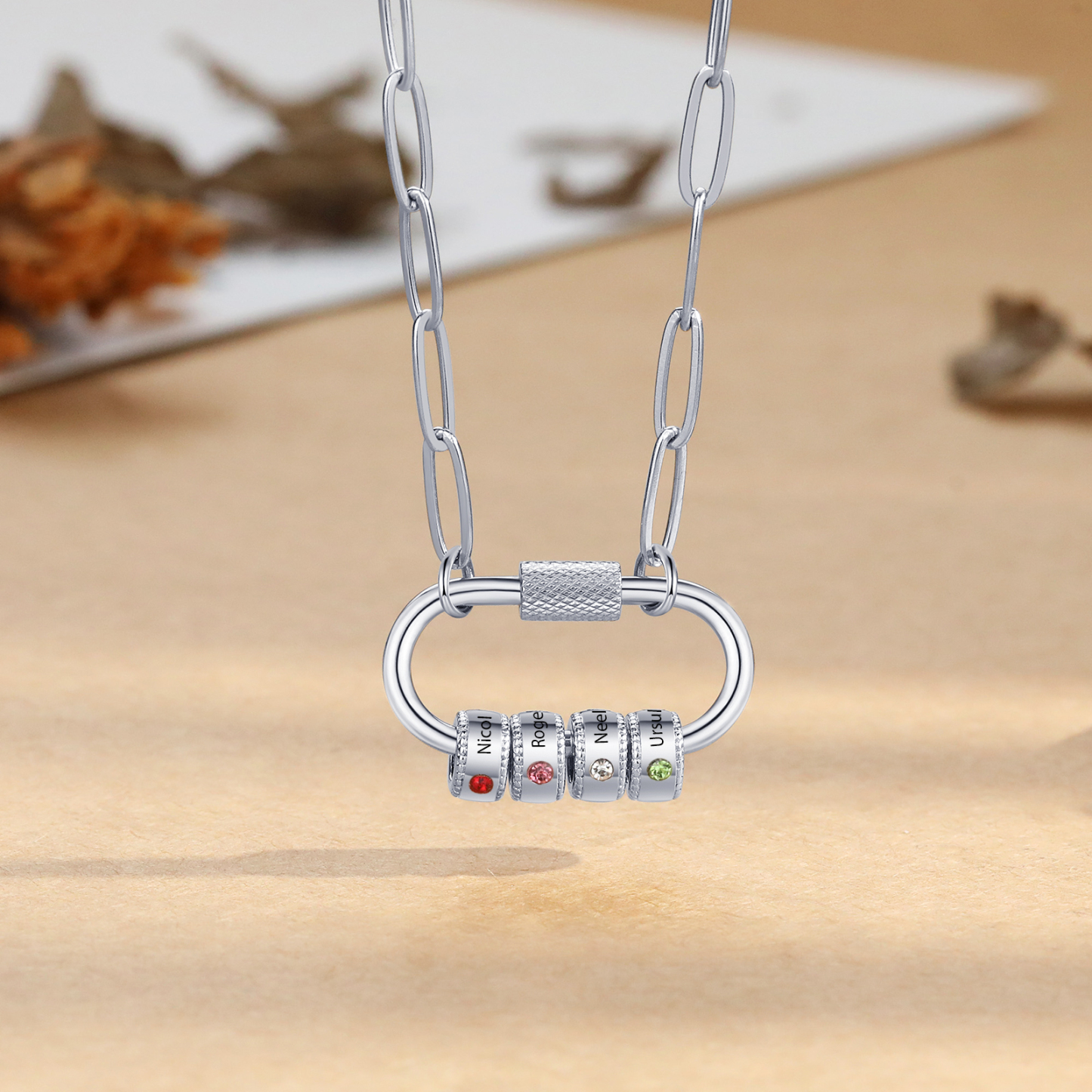 4 Names Personalised Birthstone Name Necklace – Custom Stainless Steel Chain with 4 Engraved Beads, Gold or Silver | Jessemade