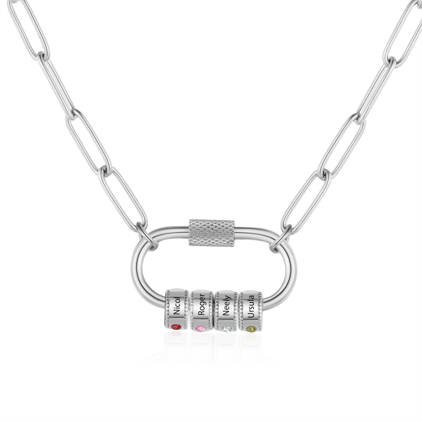 4 Names Personalised Birthstone Name Necklace – Custom Stainless Steel Chain with 4 Engraved Beads, Gold or Silver | Jessemade