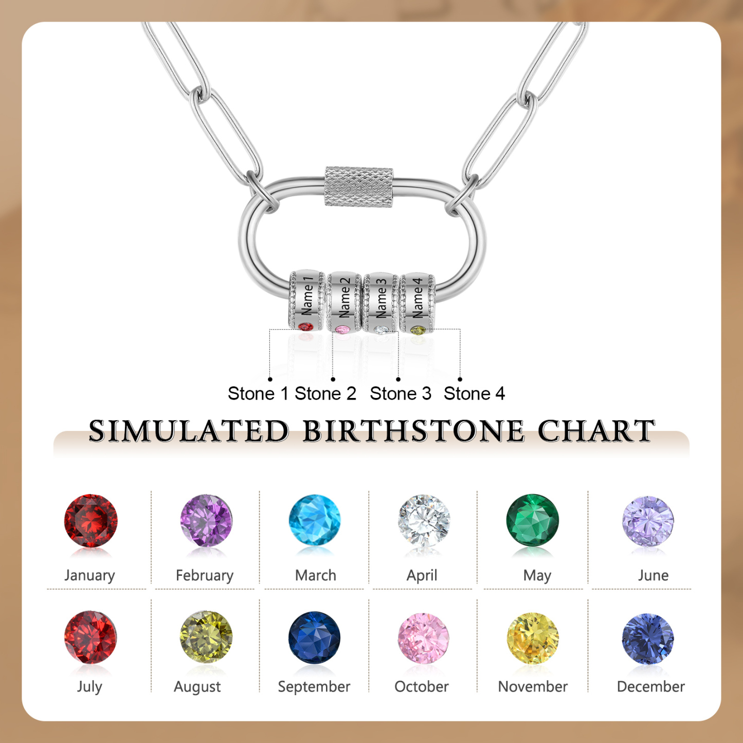 4 Names Personalised Birthstone Name Necklace – Custom Stainless Steel Chain with 4 Engraved Beads, Gold or Silver | Jessemade