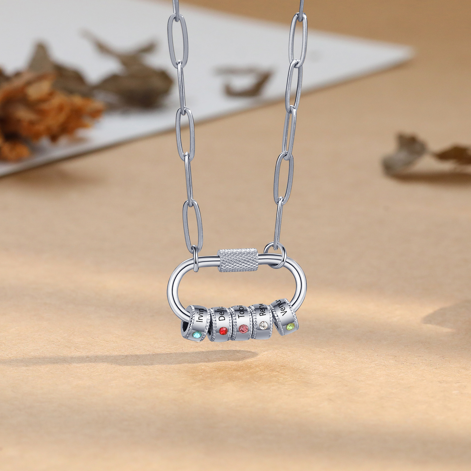 5 Names Personalised Birthstone Name Necklace – Custom Stainless Steel Chain with 5 Engraved Beads, Gold or Silver | Jessemade