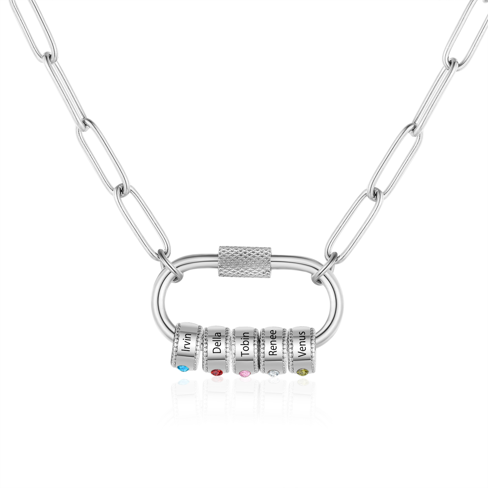 5 Names Personalised Birthstone Name Necklace – Custom Stainless Steel Chain with 5 Engraved Beads, Gold or Silver | Jessemade