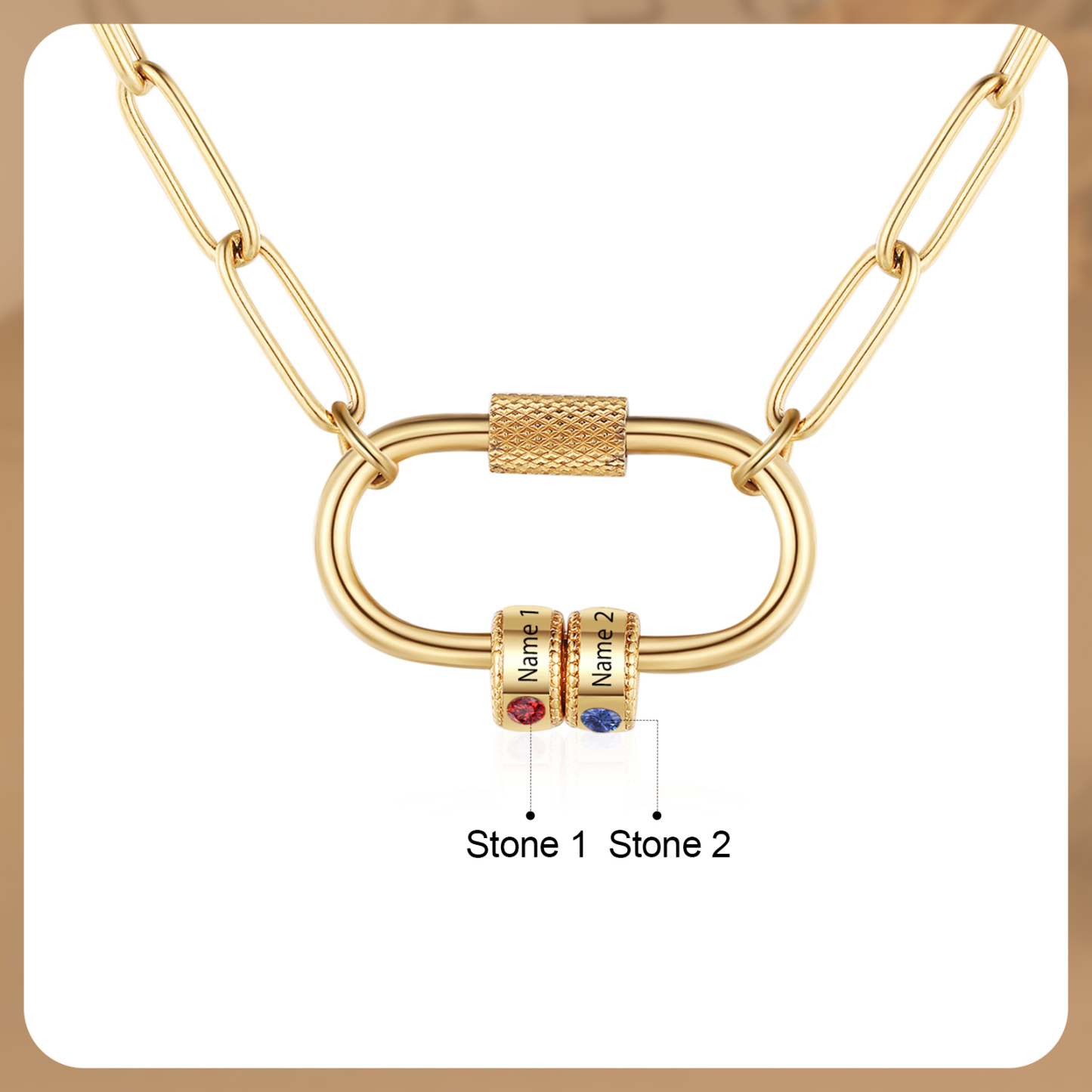 2 Names Personalised Birthstone Name Necklace – Custom Stainless Steel Chain with 2 Engraved Beads, Gold or Silver | Jessemade