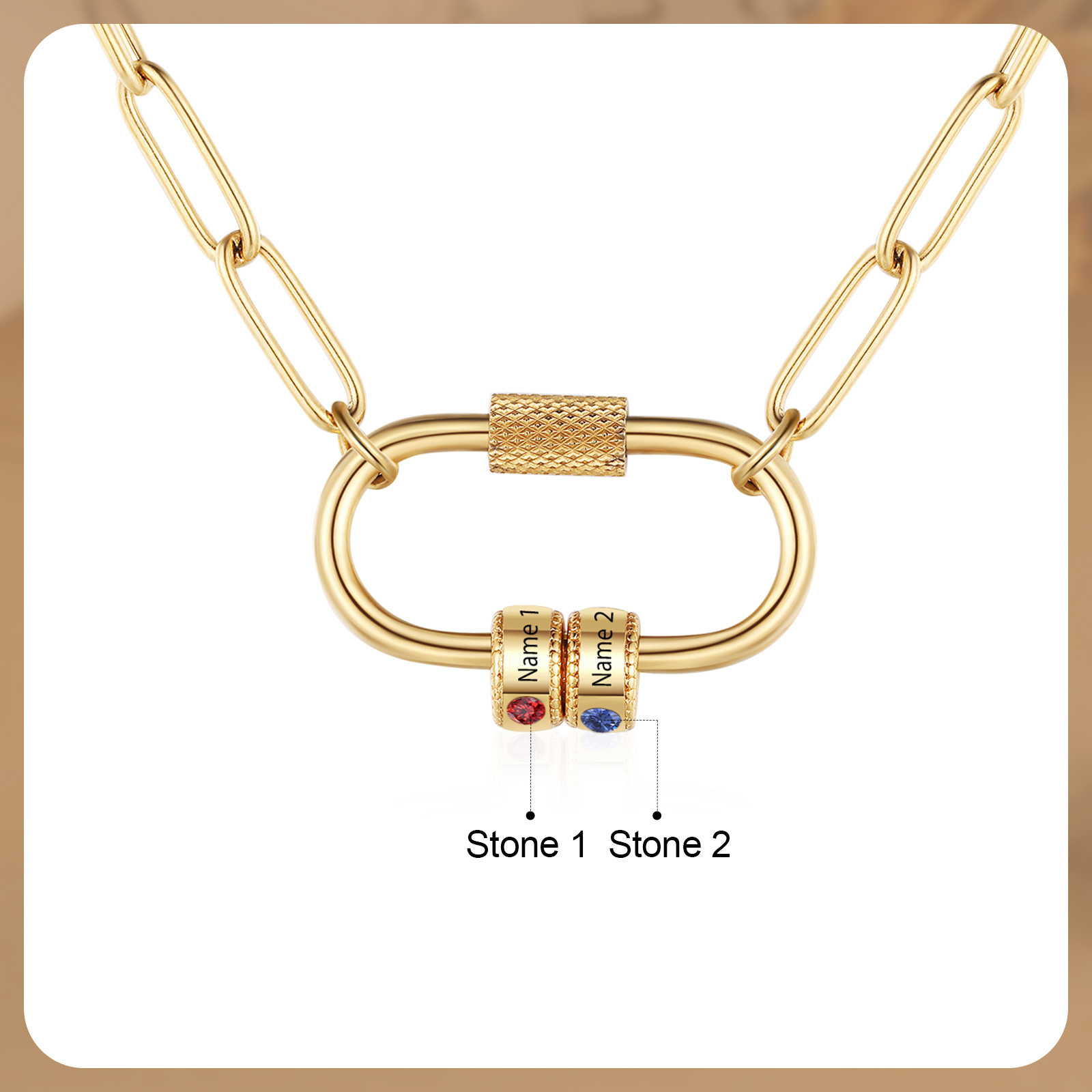 2 Names Personalised Birthstone Name Necklace – Custom Stainless Steel Chain with 2 Engraved Beads, Gold or Silver | Jessemade