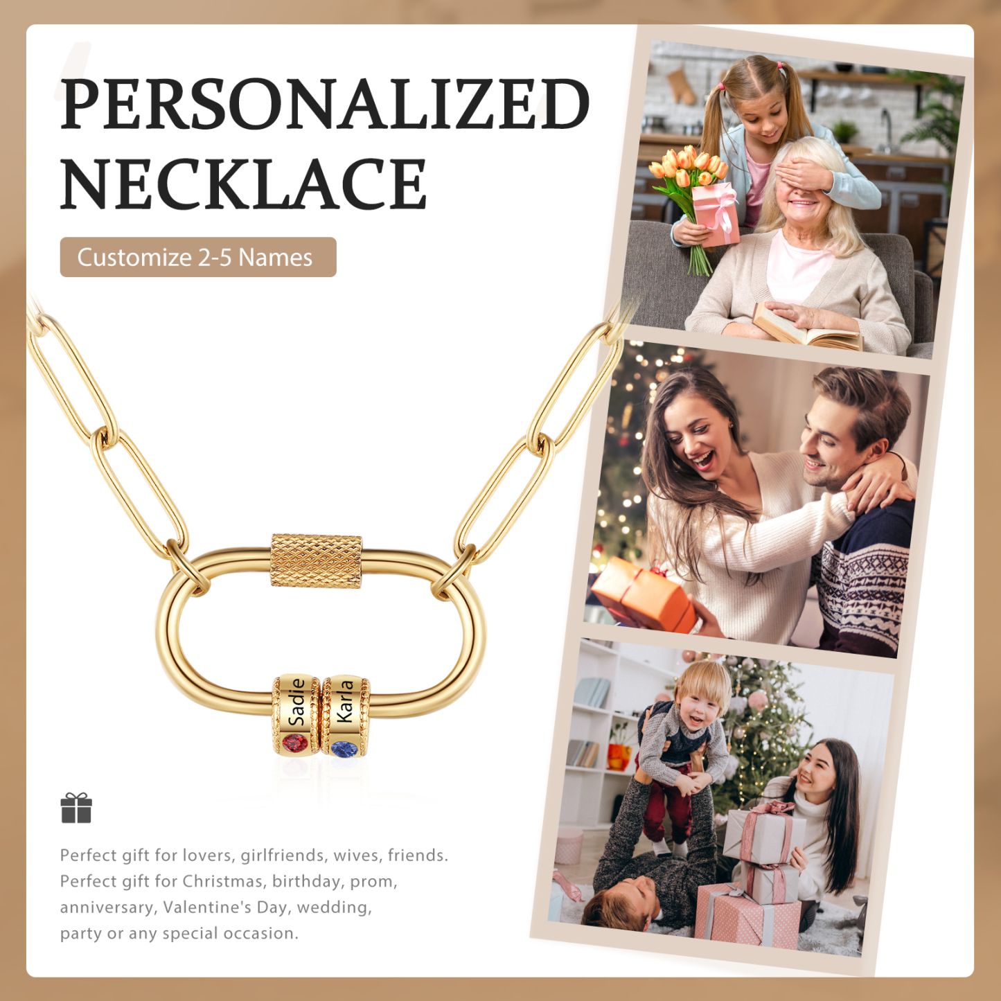 2 Names Personalised Birthstone Name Necklace – Custom Stainless Steel Chain with 2 Engraved Beads, Gold or Silver | Jessemade