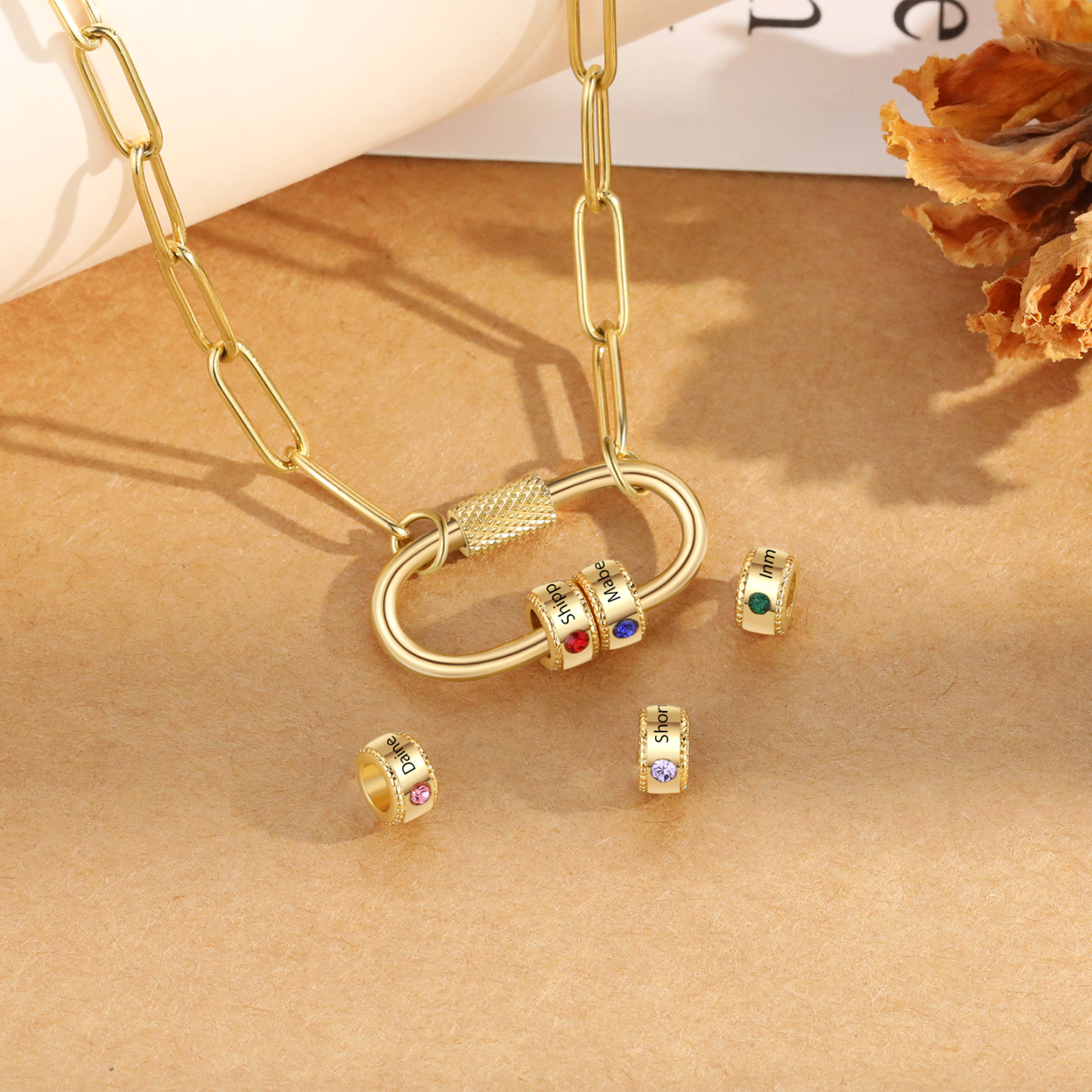 2 Names Personalised Birthstone Name Necklace – Custom Stainless Steel Chain with 2 Engraved Beads, Gold or Silver | Jessemade