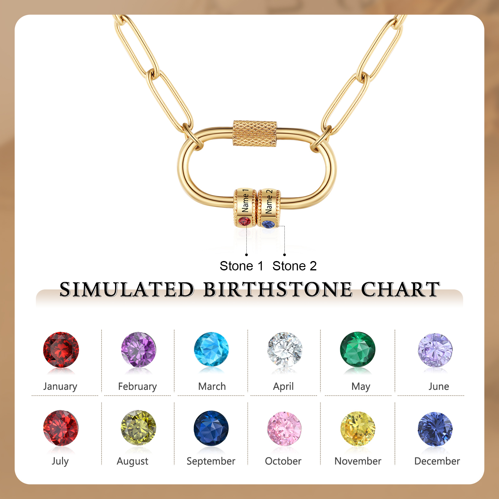 2 Names Personalised Birthstone Name Necklace – Custom Stainless Steel Chain with 2 Engraved Beads, Gold or Silver | Jessemade