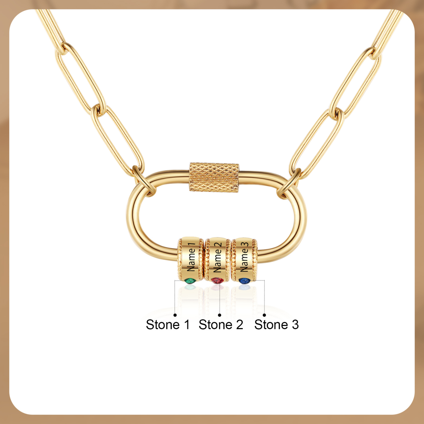 3 Names Personalised Birthstone Name Necklace – Custom Stainless Steel Chain with 3 Engraved Beads, Gold or Silver | Jessemade