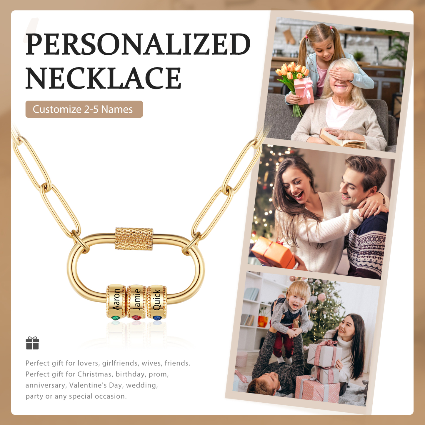 3 Names Personalised Birthstone Name Necklace – Custom Stainless Steel Chain with 3 Engraved Beads, Gold or Silver | Jessemade