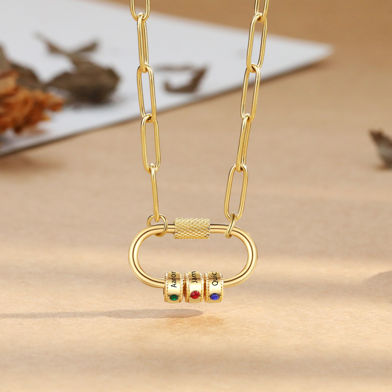 3 Names Personalised Birthstone Name Necklace – Custom Stainless Steel Chain with 3 Engraved Beads, Gold or Silver | Jessemade