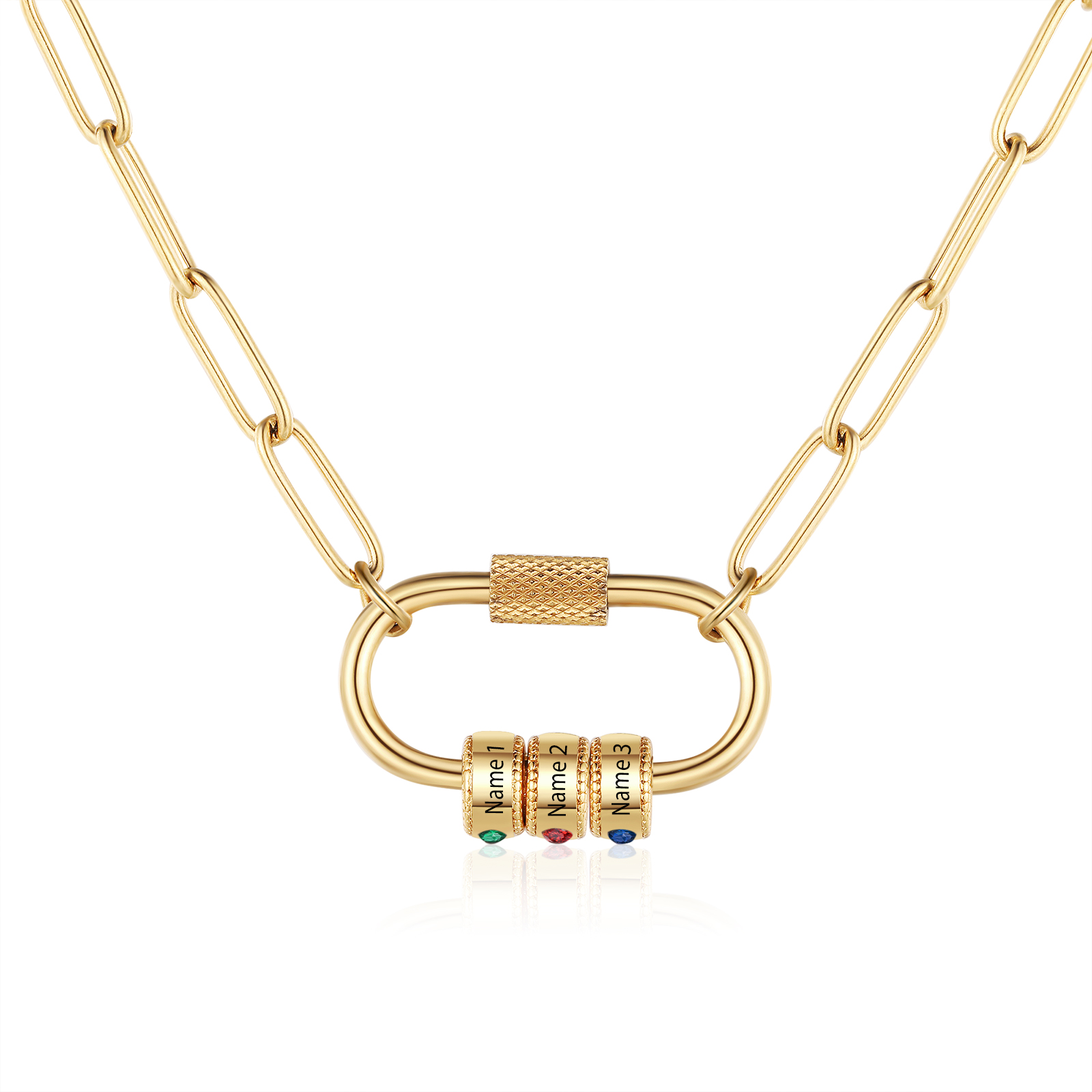 3 Names Personalised Birthstone Name Necklace – Custom Stainless Steel Chain with 3 Engraved Beads, Gold or Silver | Jessemade