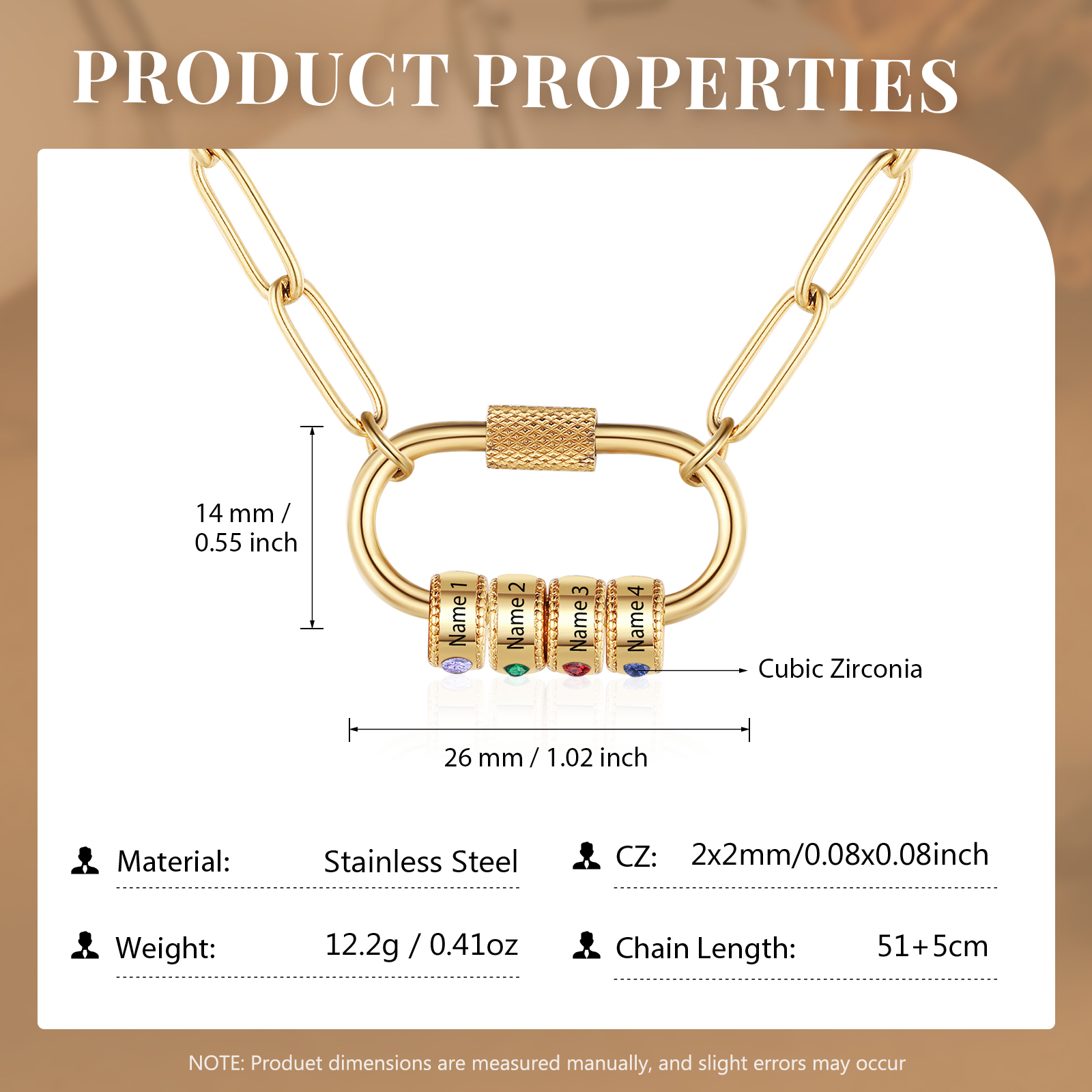 4 Names Personalised Birthstone Name Necklace – Custom Stainless Steel Chain with 4 Engraved Beads, Gold or Silver | Jessemade