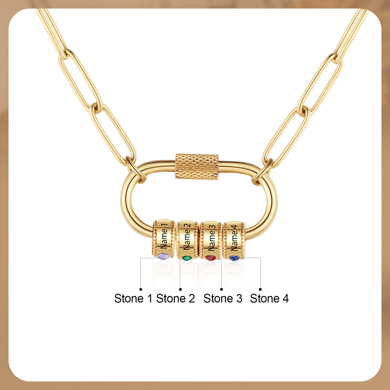 4 Names Personalised Birthstone Name Necklace – Custom Stainless Steel Chain with 4 Engraved Beads, Gold or Silver | Jessemade