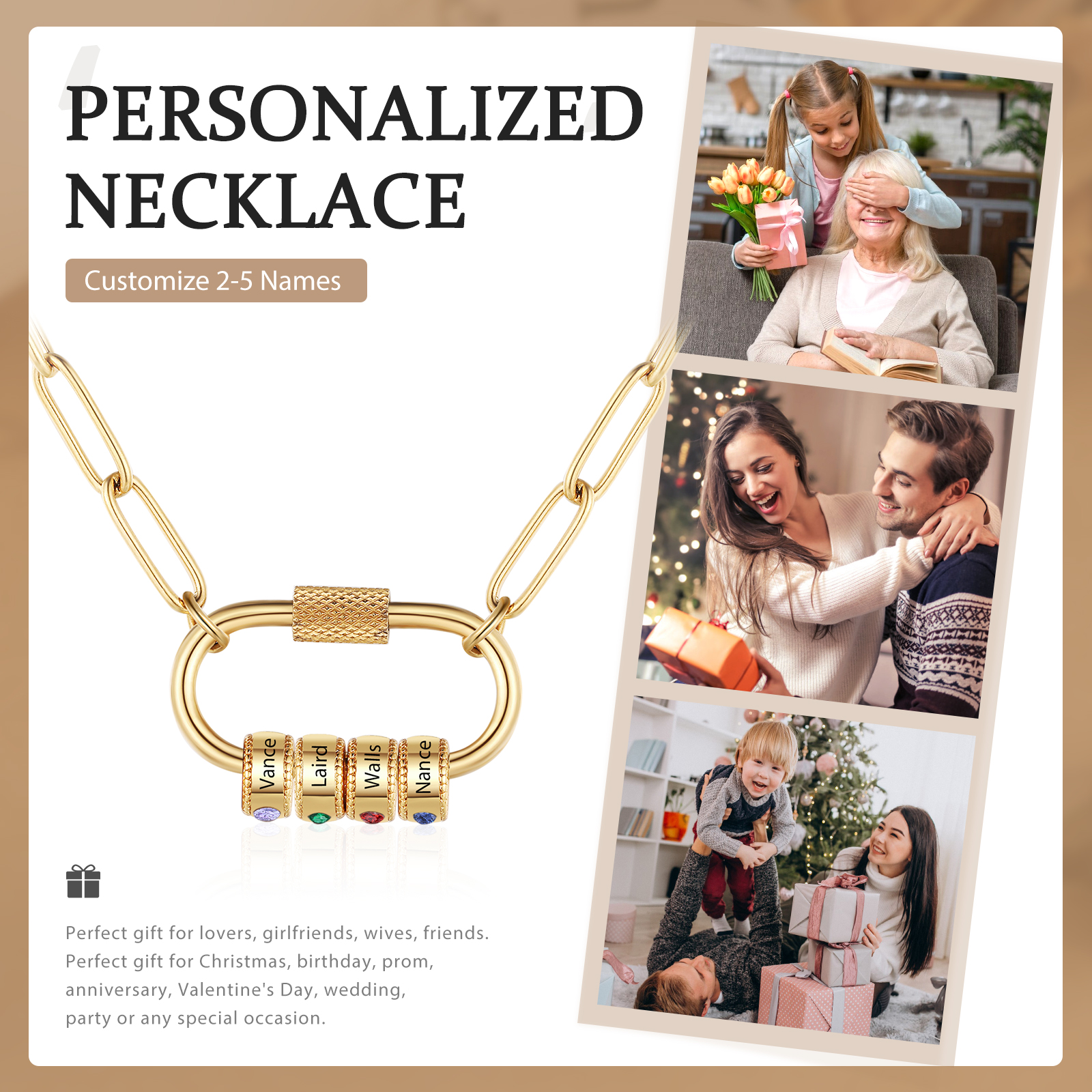 4 Names Personalised Birthstone Name Necklace – Custom Stainless Steel Chain with 4 Engraved Beads, Gold or Silver | Jessemade